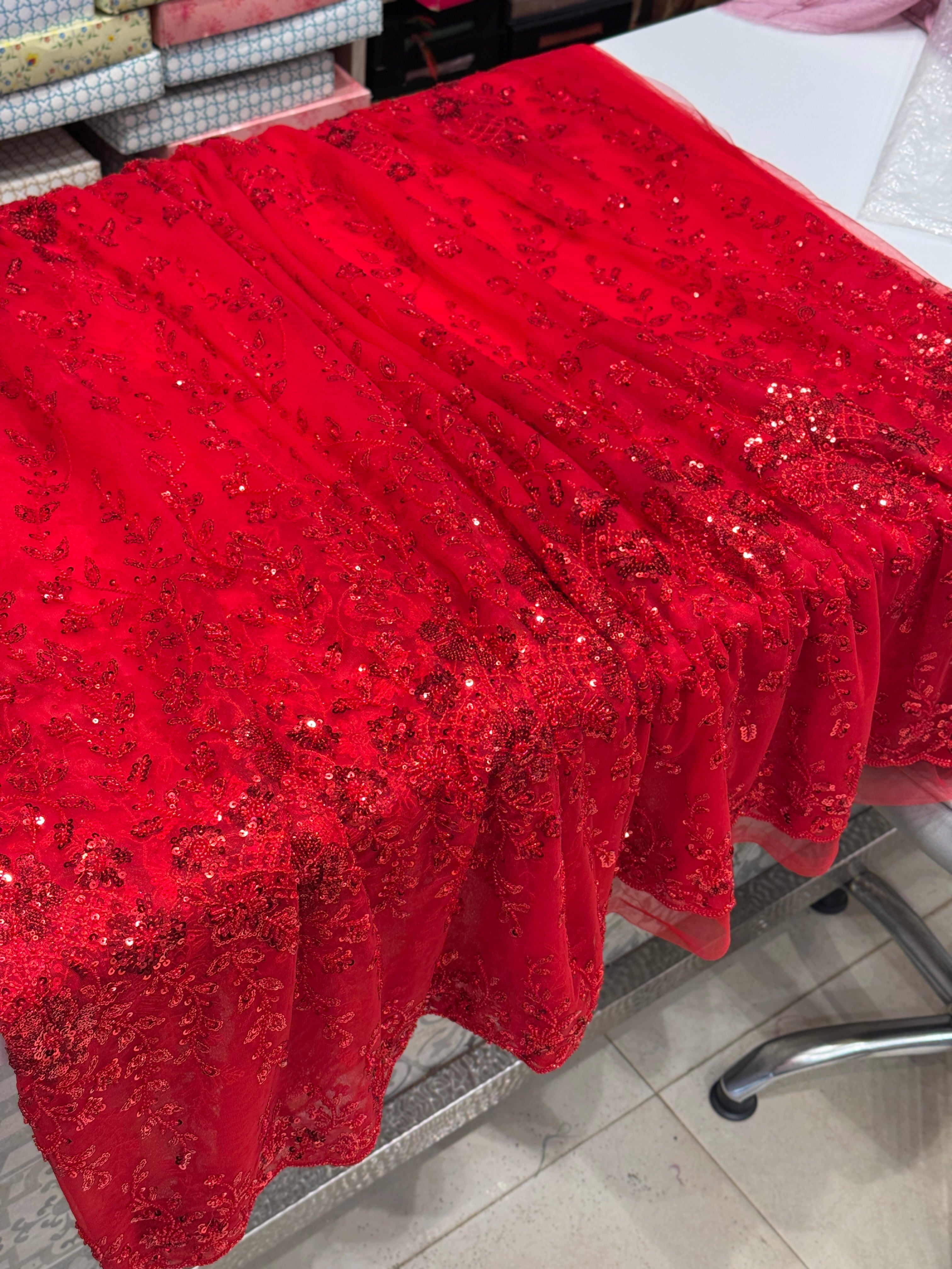 Red Net Embroidery Sequin Saree