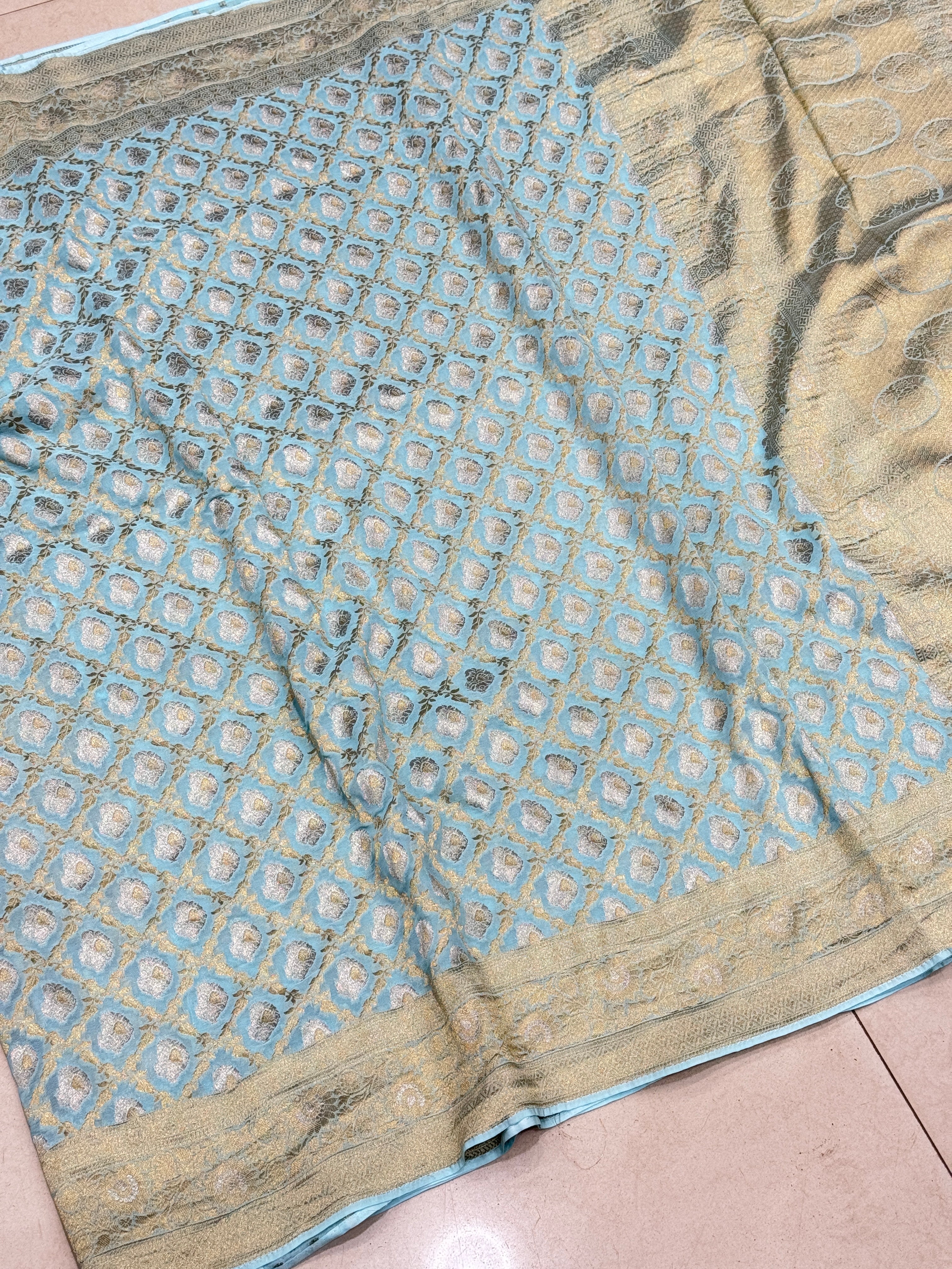 Light Blue Sliver Butta with Gold Georgette Saree