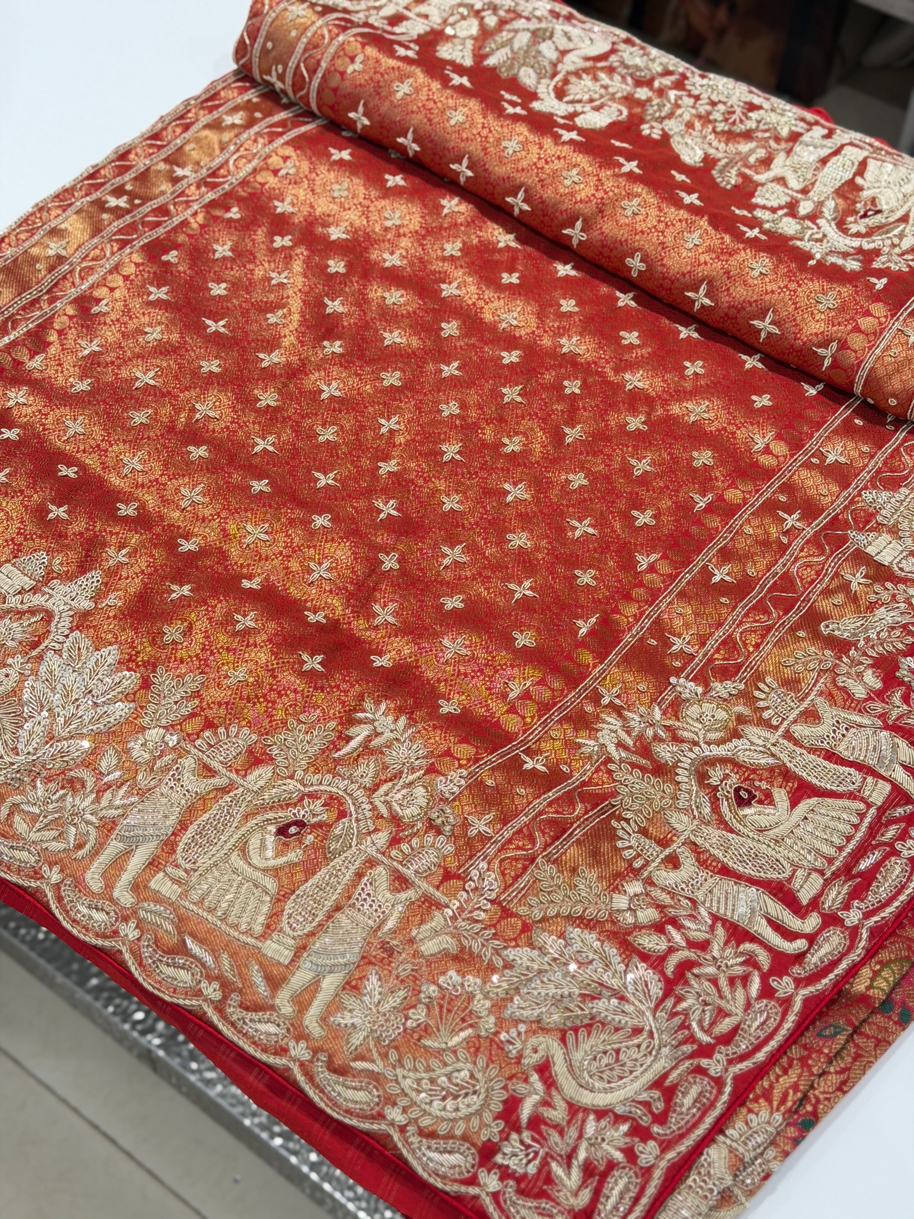 Red Khinkhwab Banarasi Hand Embroidery Zardosi Doli Edit Saree