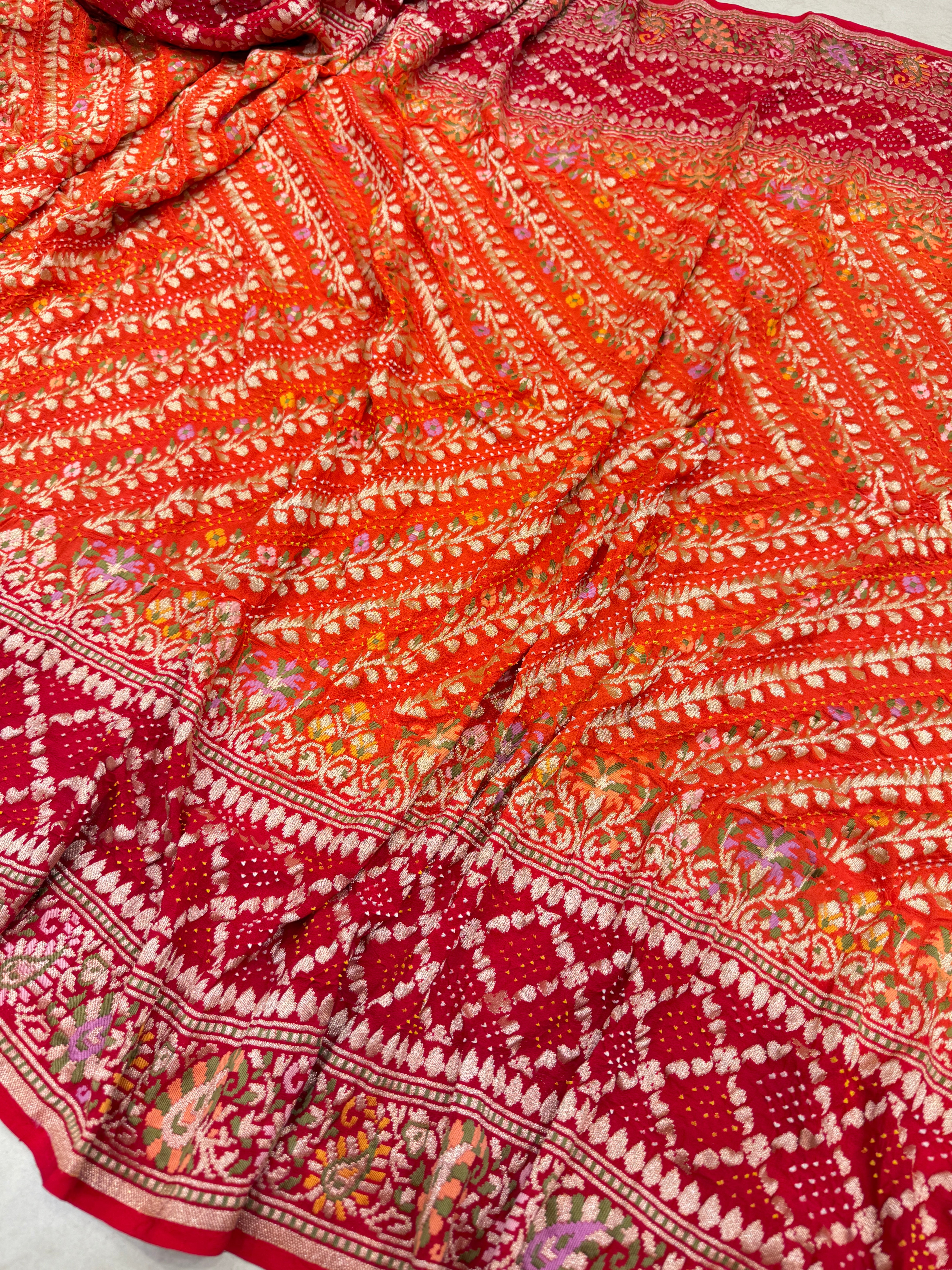 Orange Red Double Border Meenakari Rai Bandhej Georgette Bandhini Saree