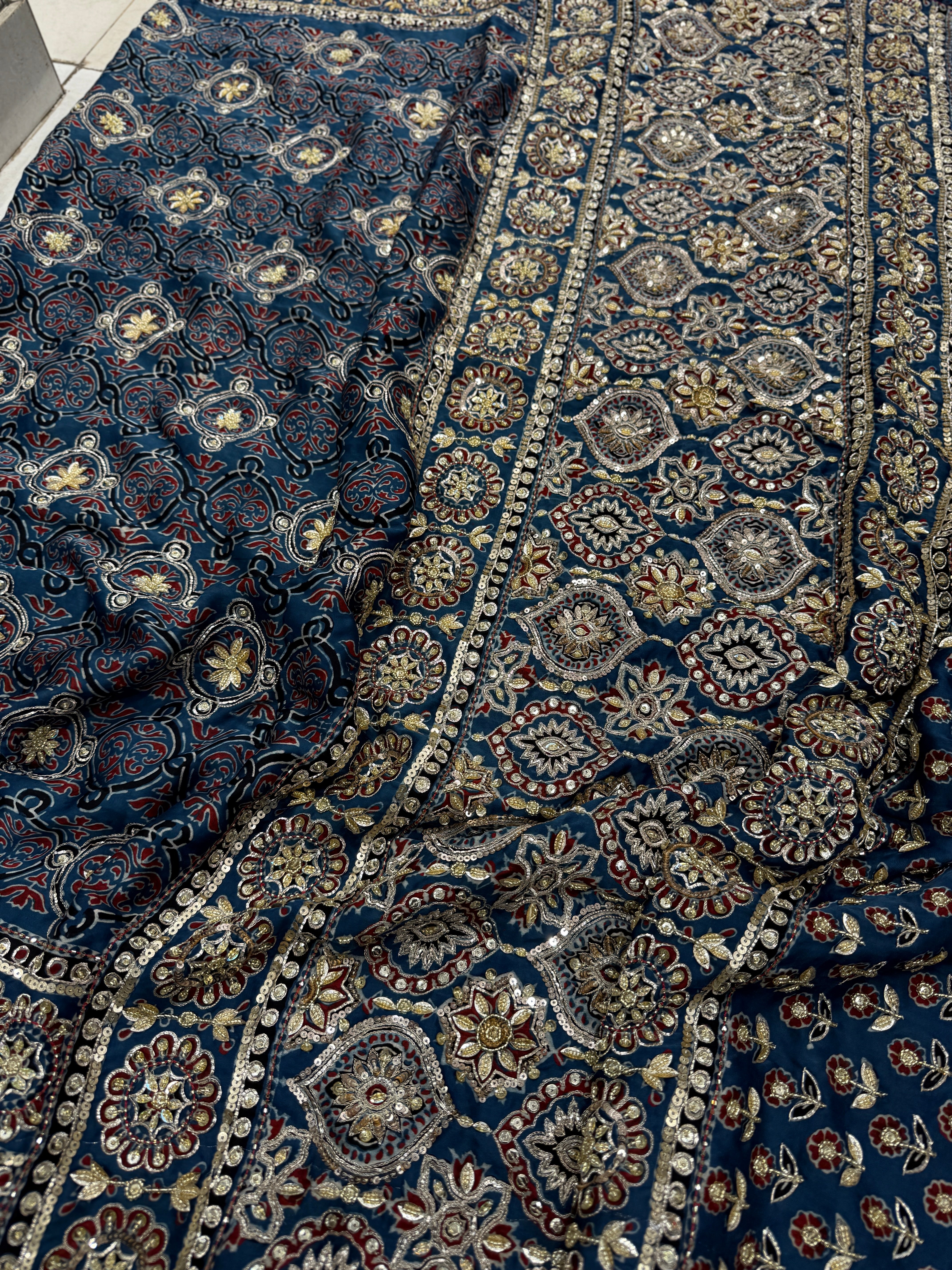 Blue Badam Jaal Pita Zardosi Sequin Ajrakh Hand Embroidery Saree