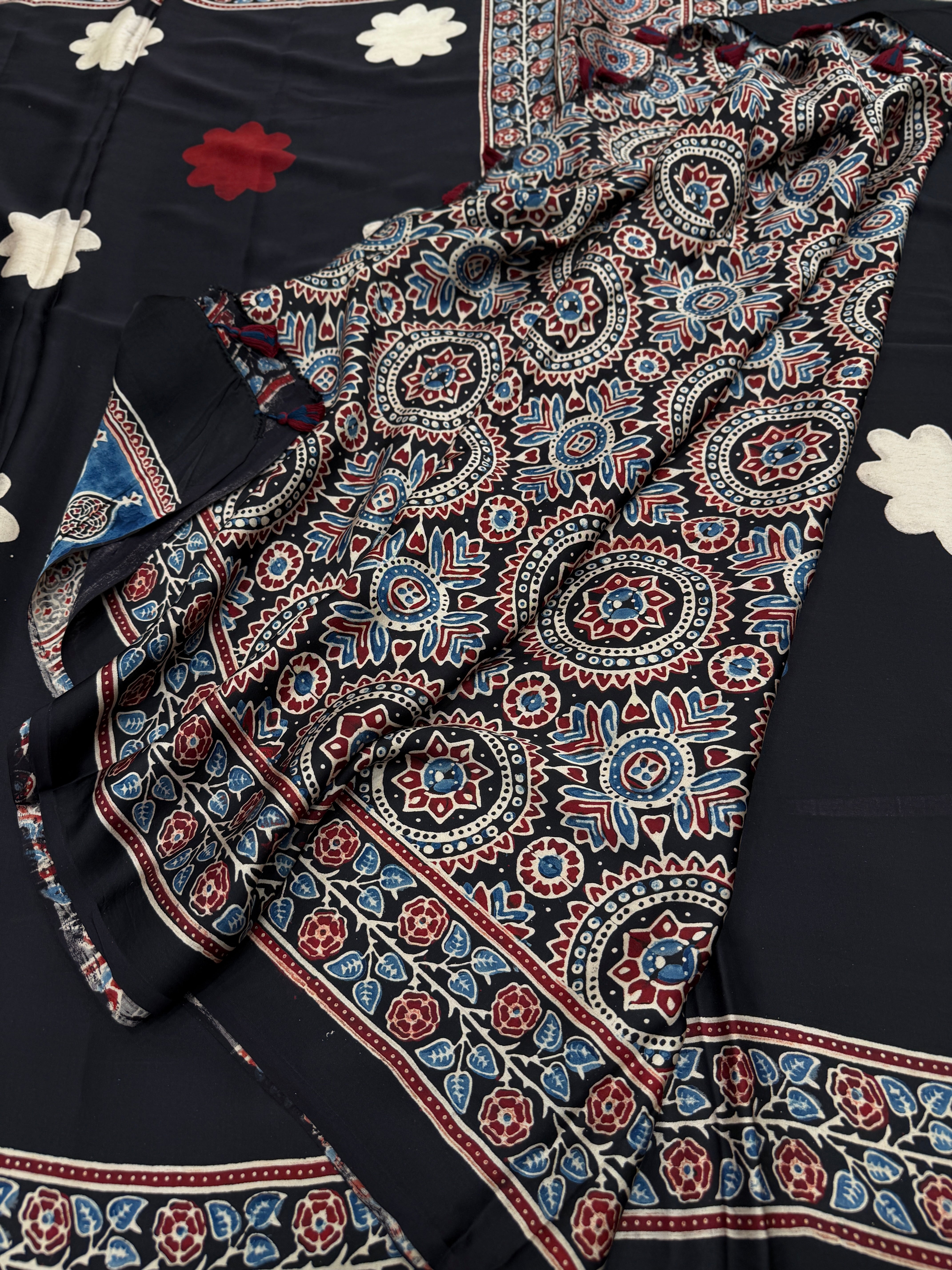 Black Sunflower Butta Ajrakh Block Print Hand Pure Gajji Silk Saree