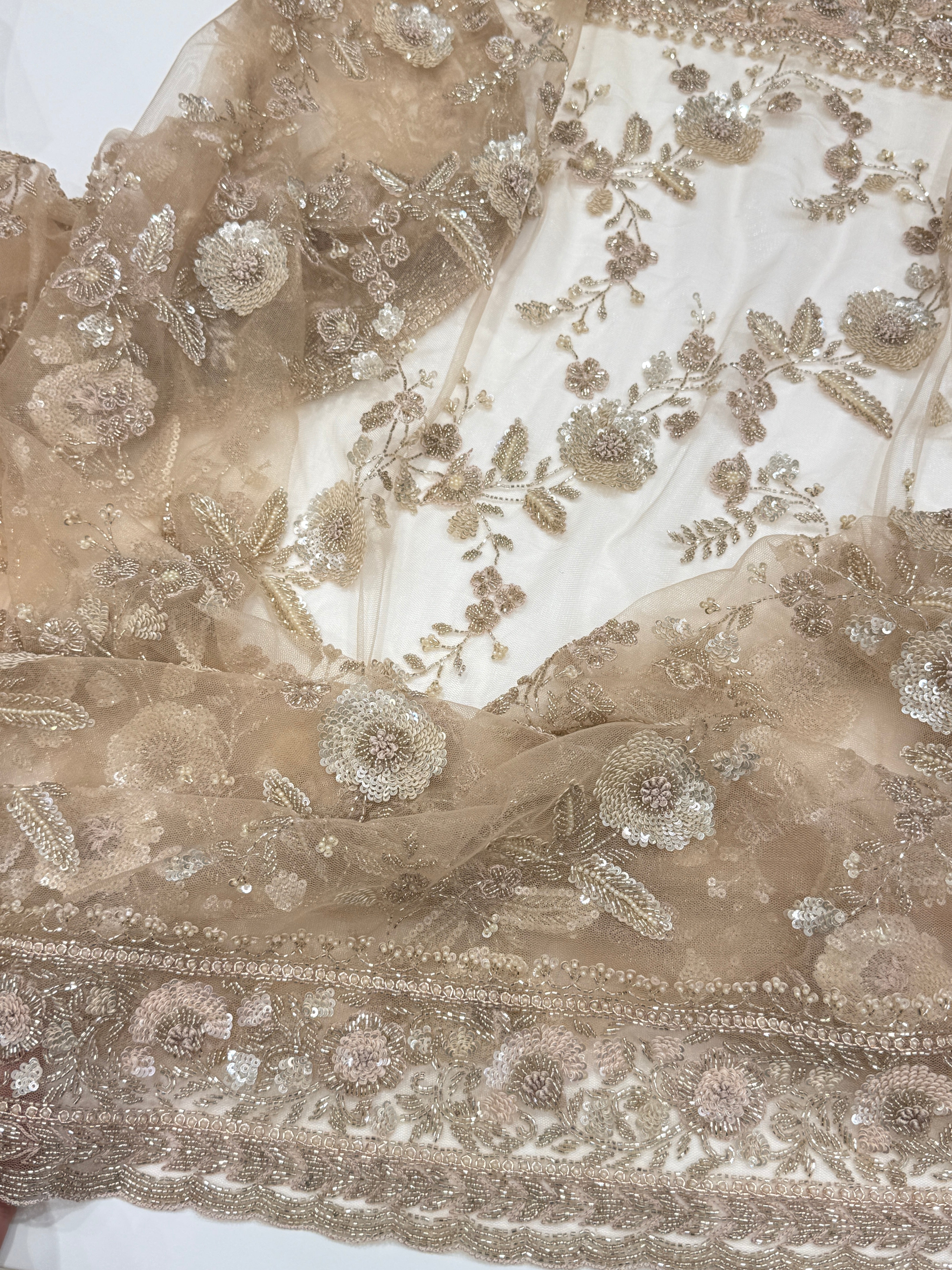 Nude Net Hand Embroidery Zardosi Moti Knot Work Saree