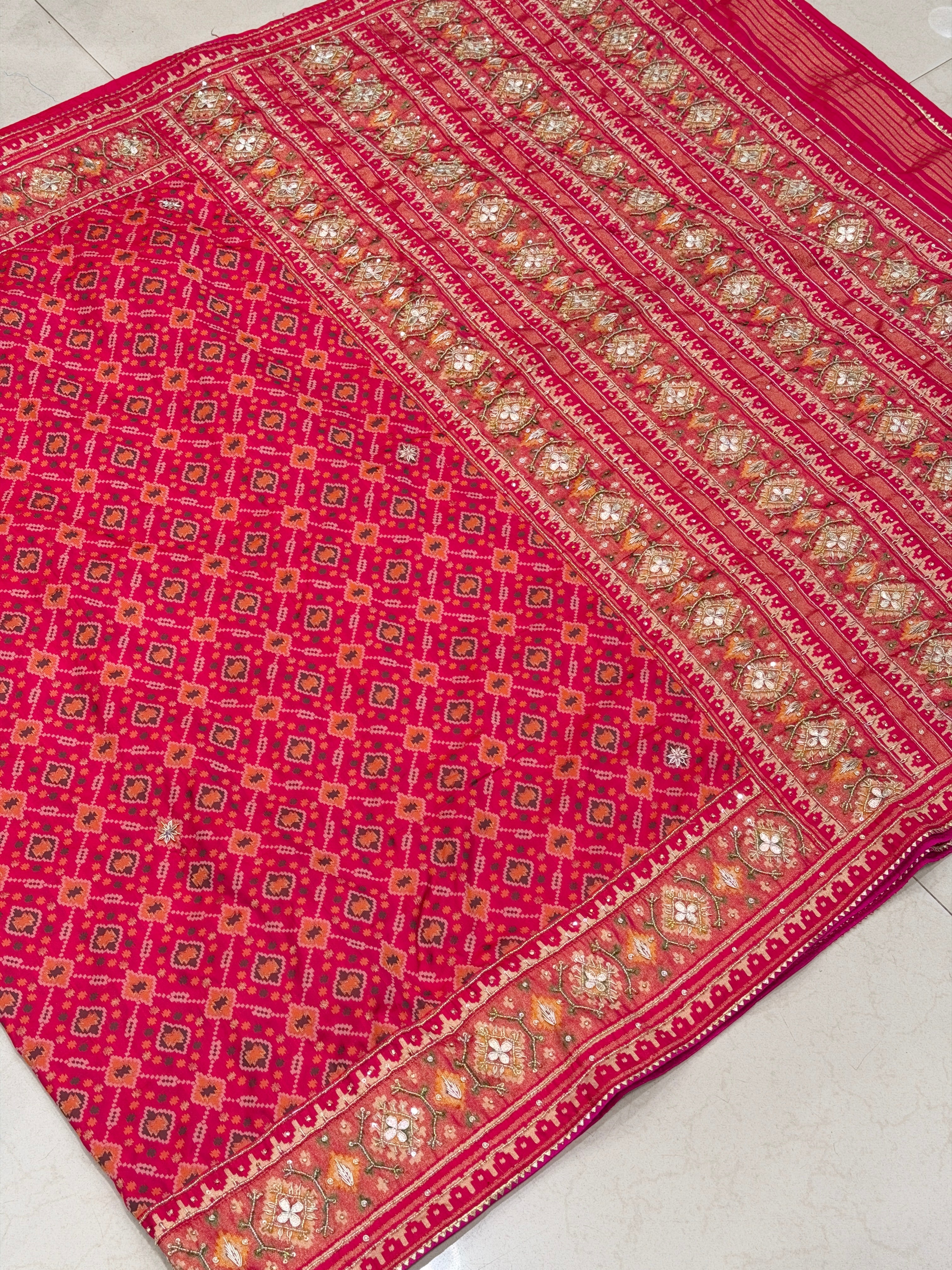 Rani Patola Cross Jaal Hand Embroidery Saree