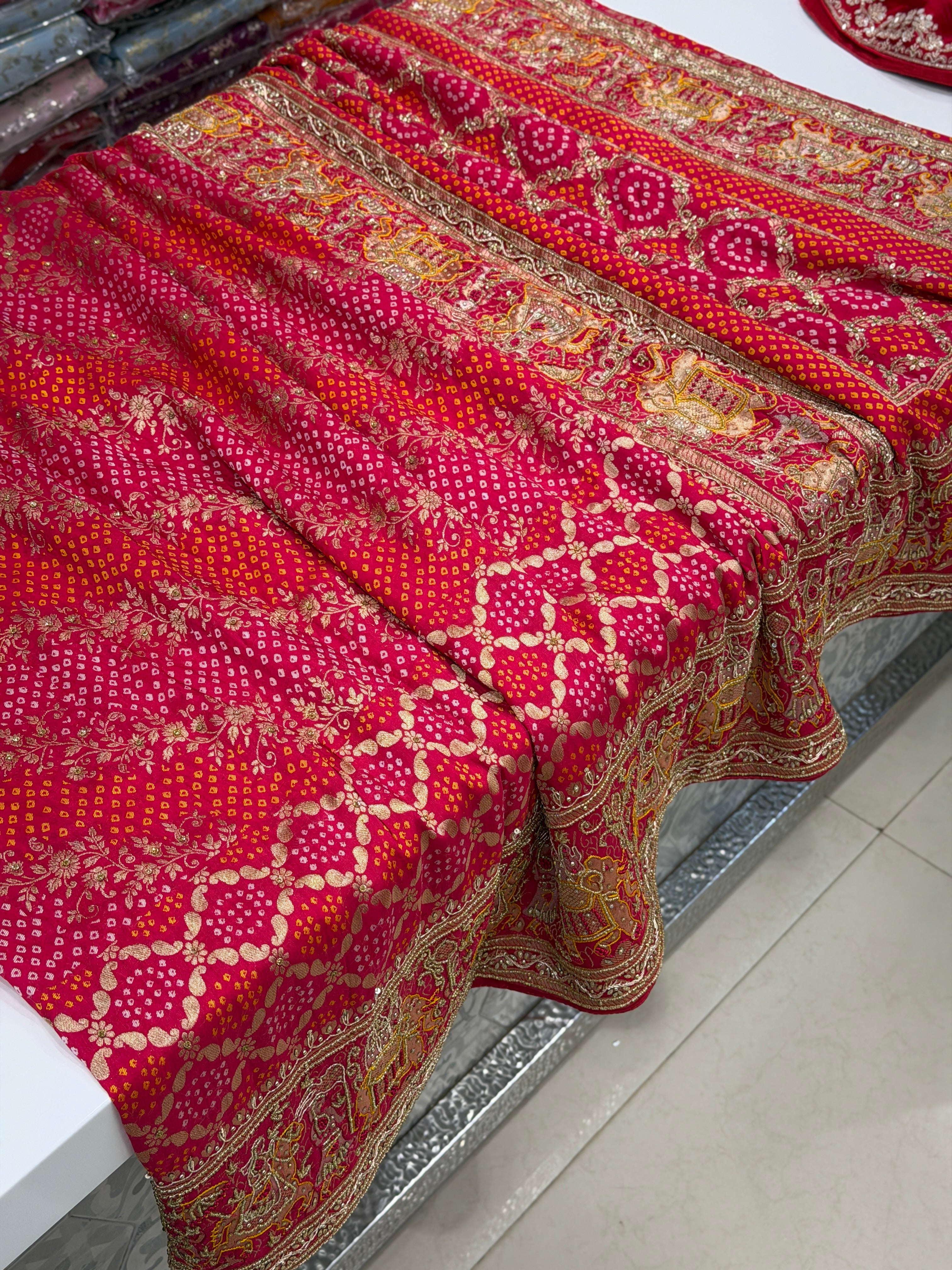 Rani Woven Bandhej Doli Edit Zardosi Hand Embroidery Banarasi Munga Saree