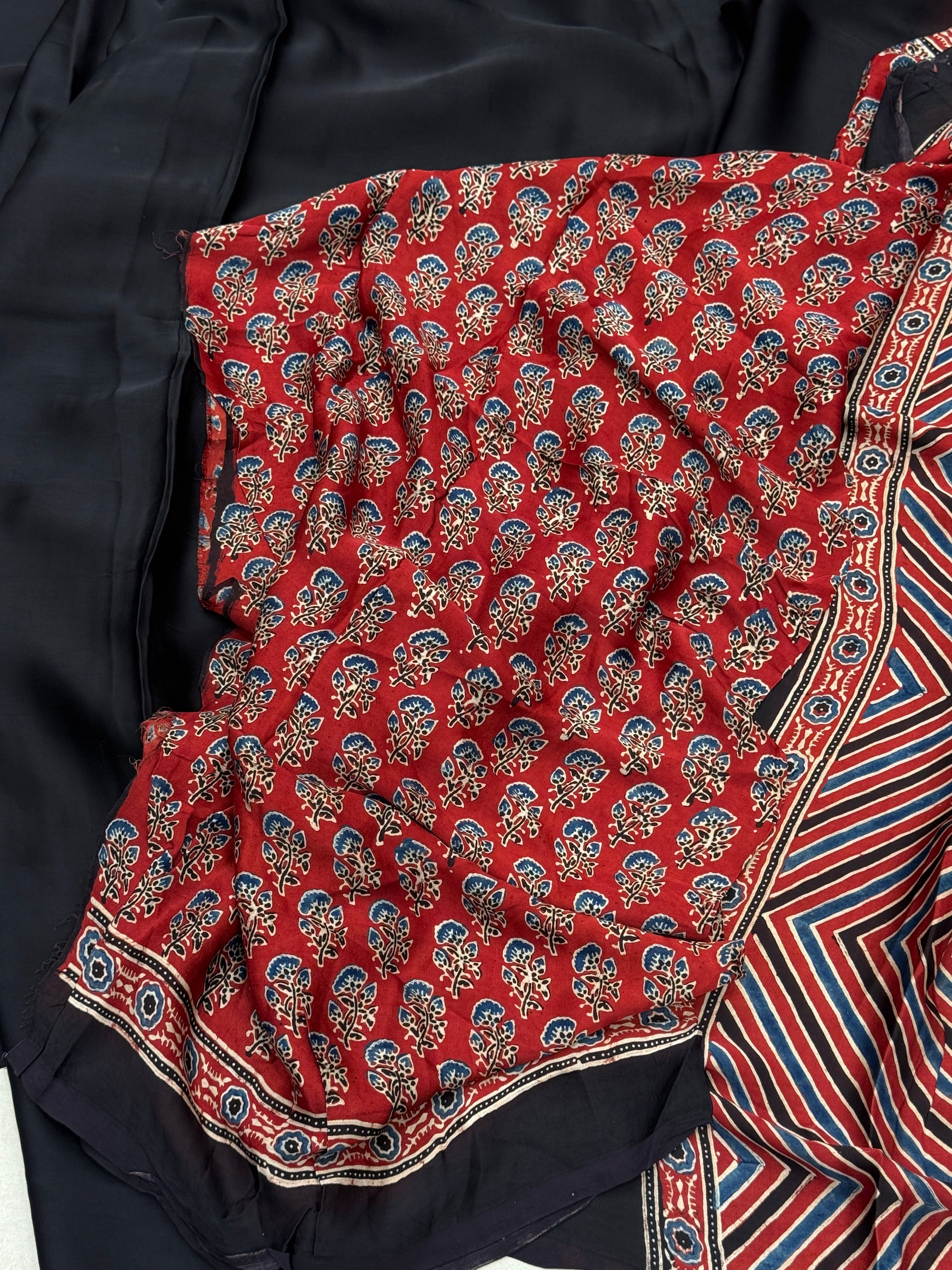Black Red Pallu Modal Gajji Silk Ajrakh Saree