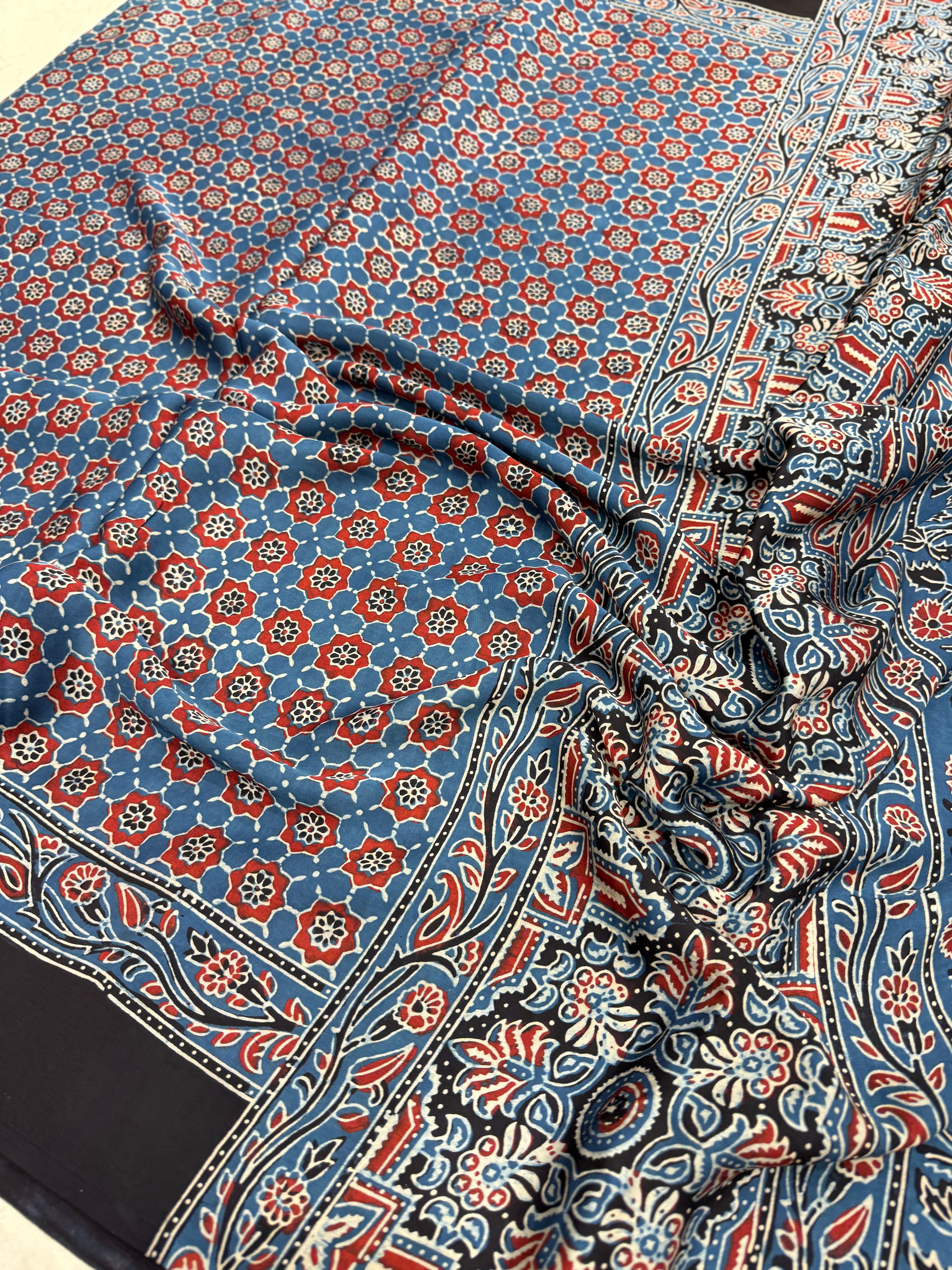 Blue Red Modal Gajji Silk Ajrakh Saree