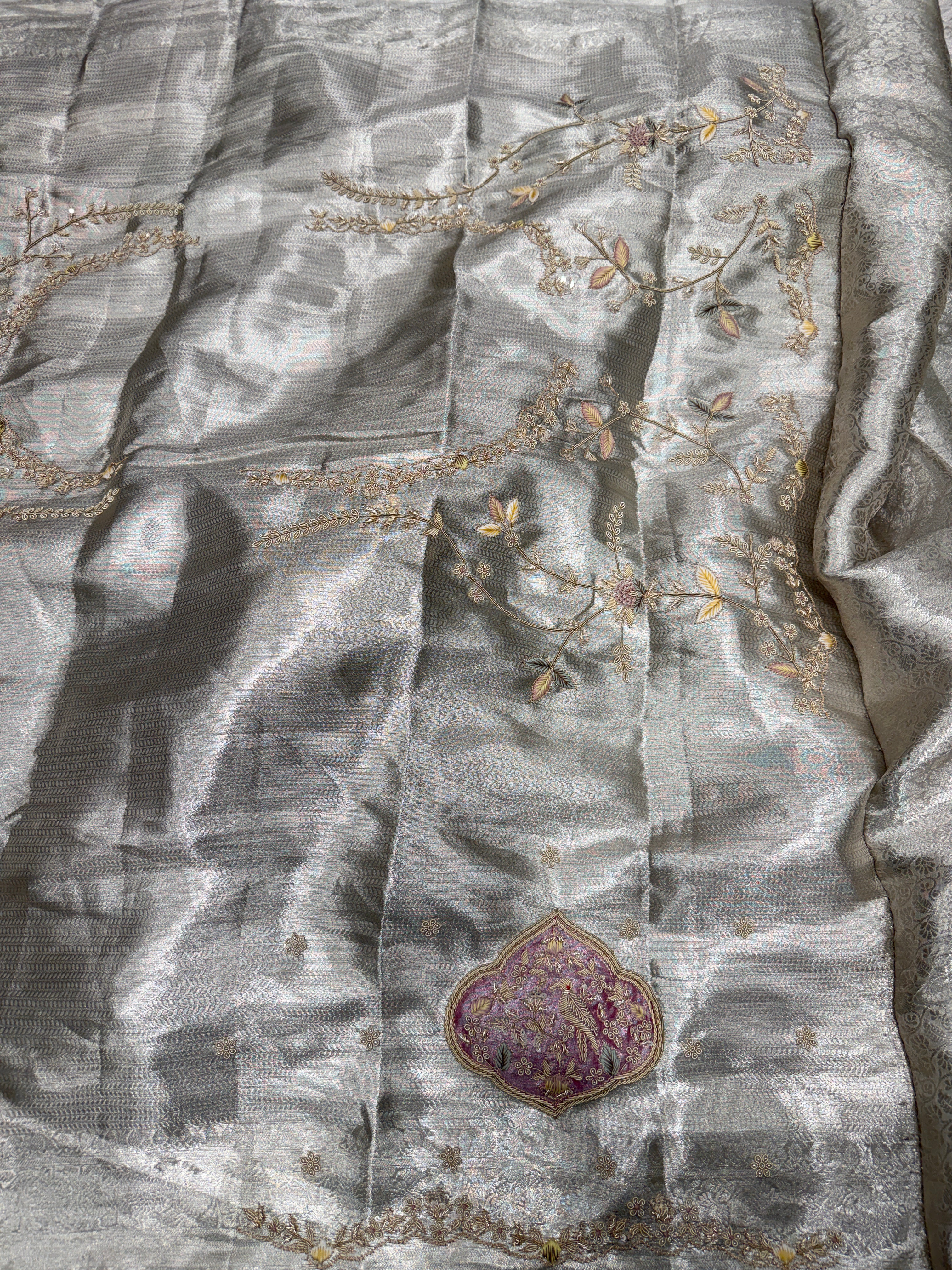 Silver Tissue Kanjivaram Zardosi Patch Work Hand Embroidery Saree