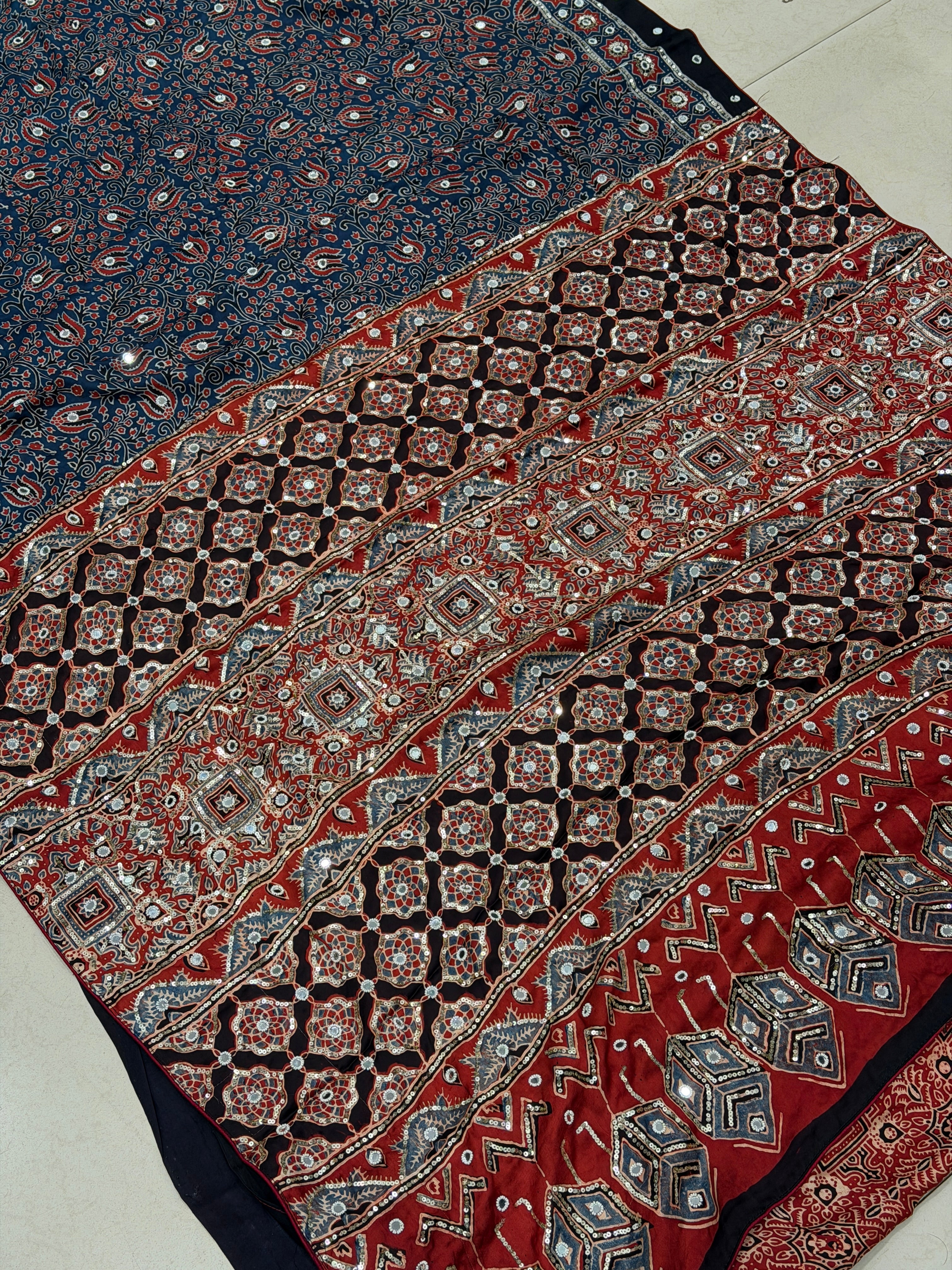 Blue Red Jaal Ajrakh Real Mirror Moti Sequin Hand Embroidery Saree