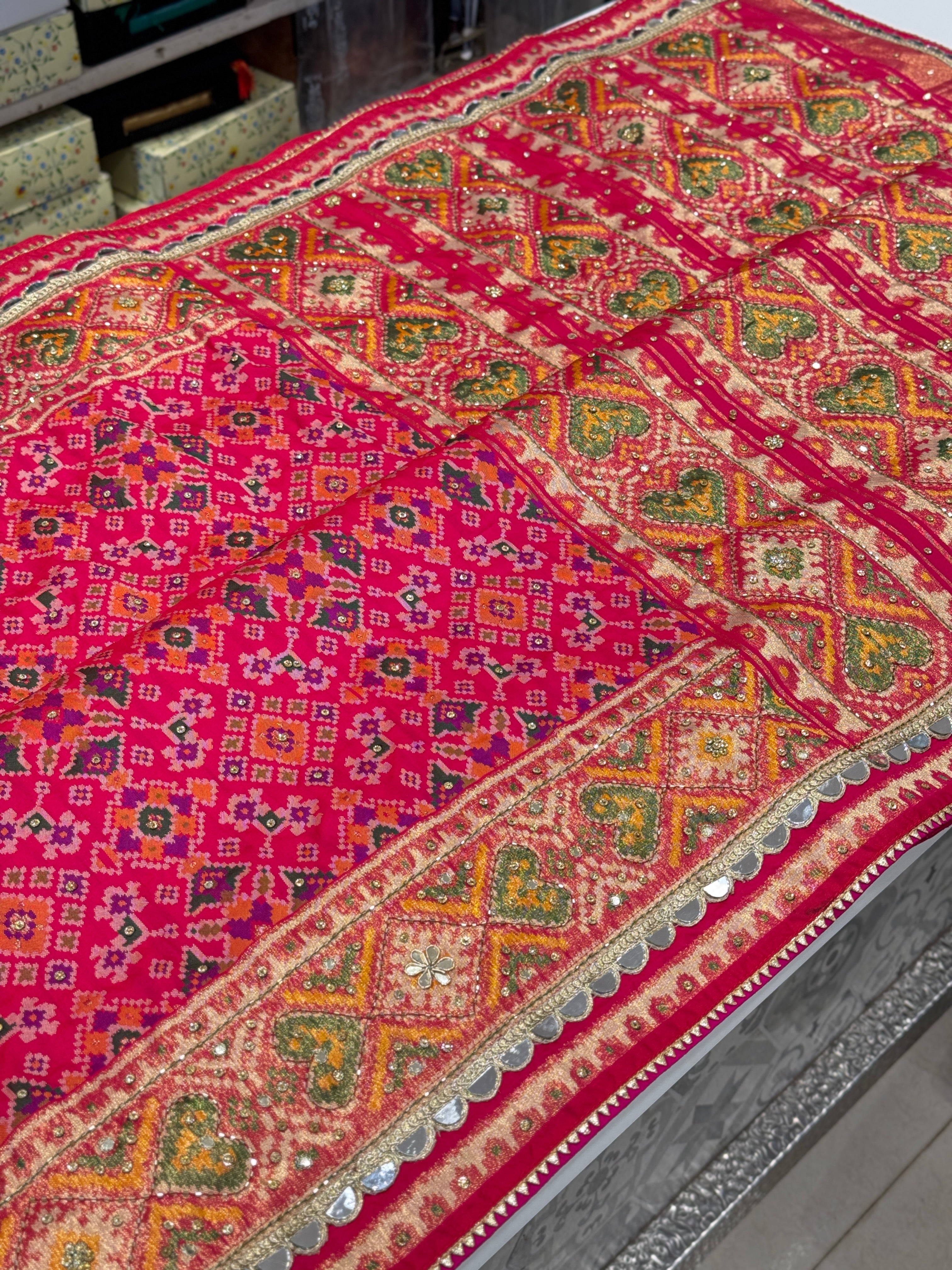 Rani Pink Patola Hand Embroidery Saree with Real Mirrors