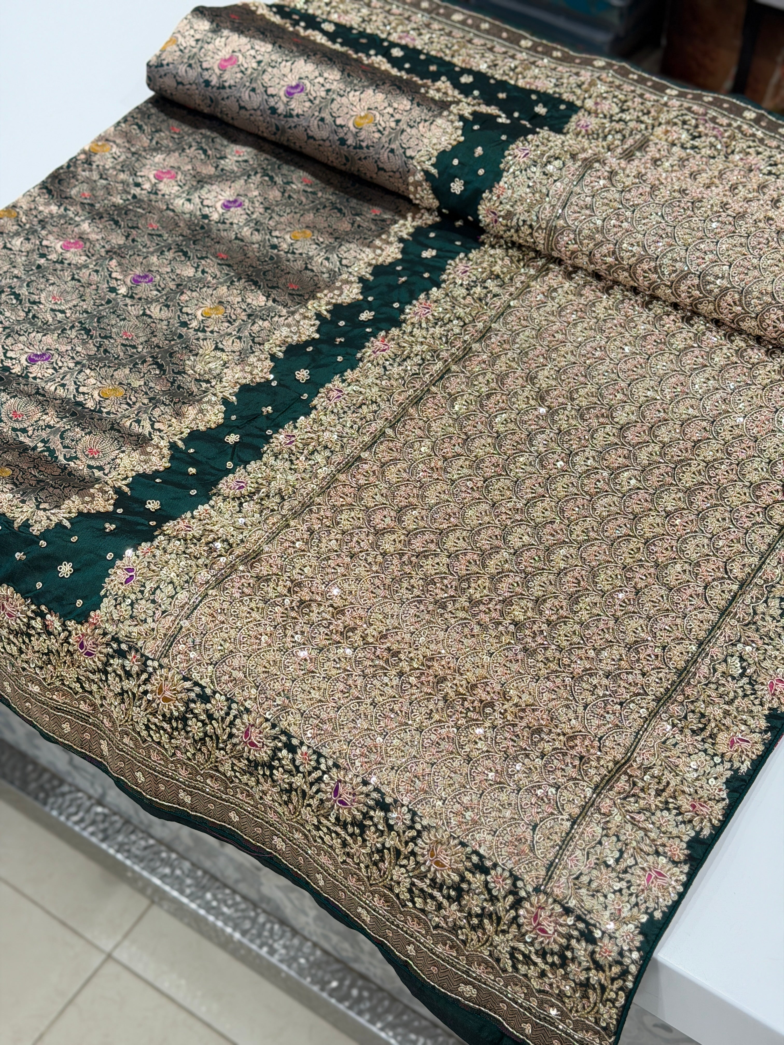 Bottle Green Meenakari Double Border Handloom Banarasi Pure Katan Zardosi Embroidery Saree
