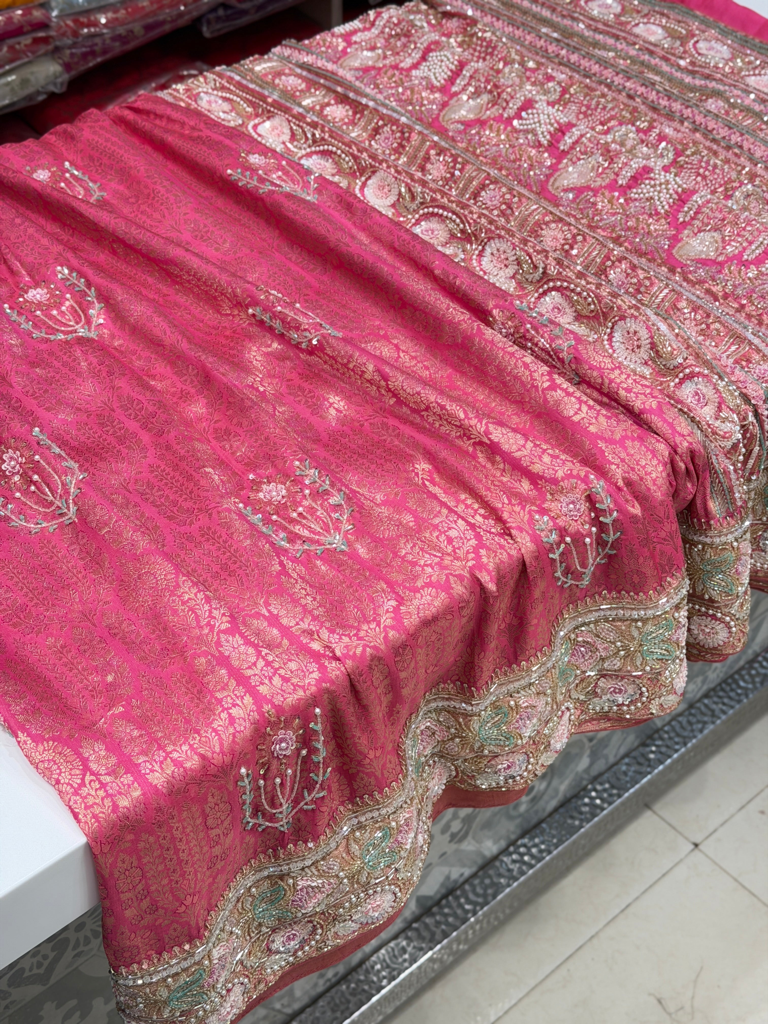 Crimson Pink Kanjivaram Moti Zardosi Hand Embroidery Saree