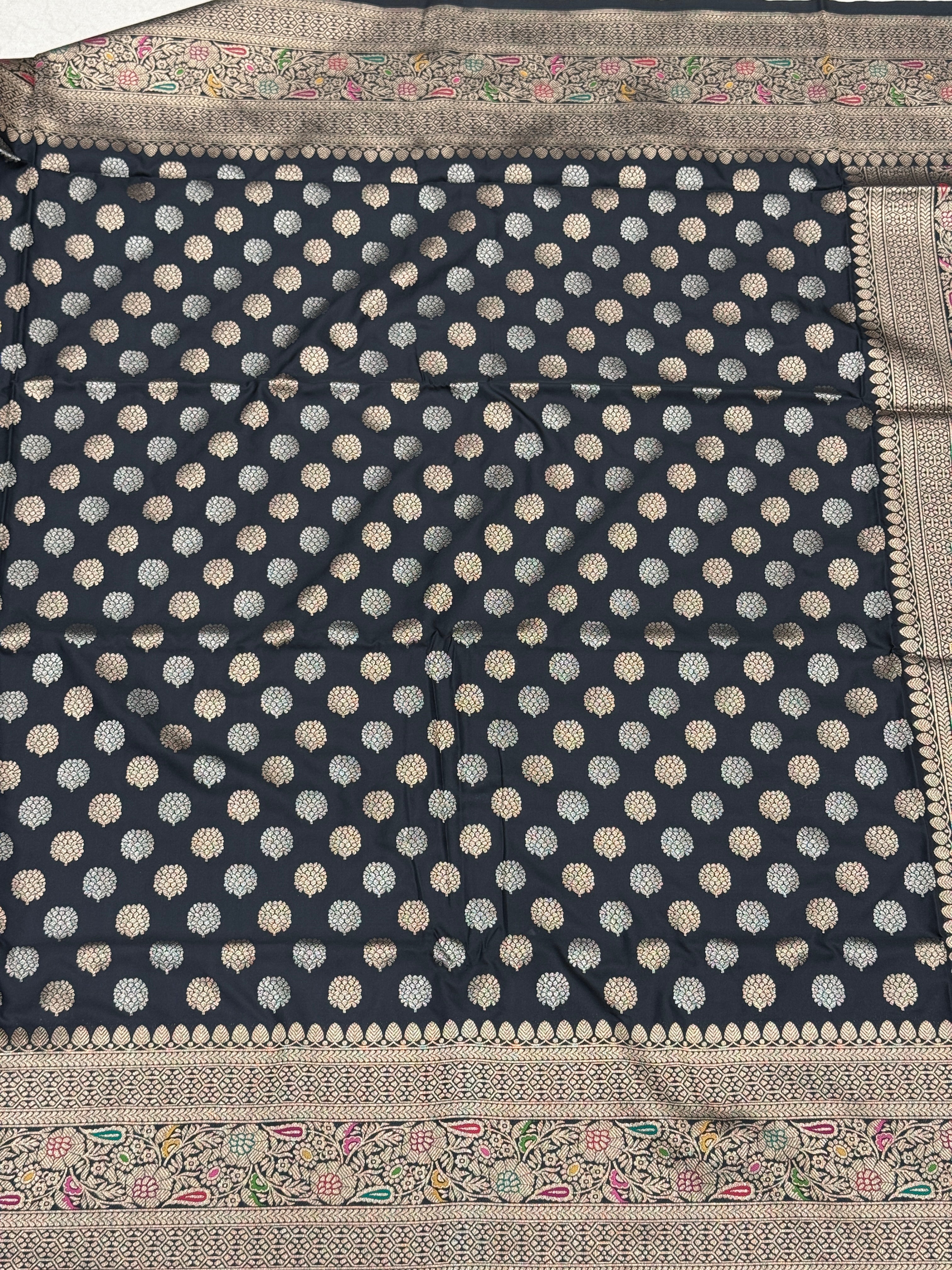 Black Butti Banarasi Silk Meena Border Saree