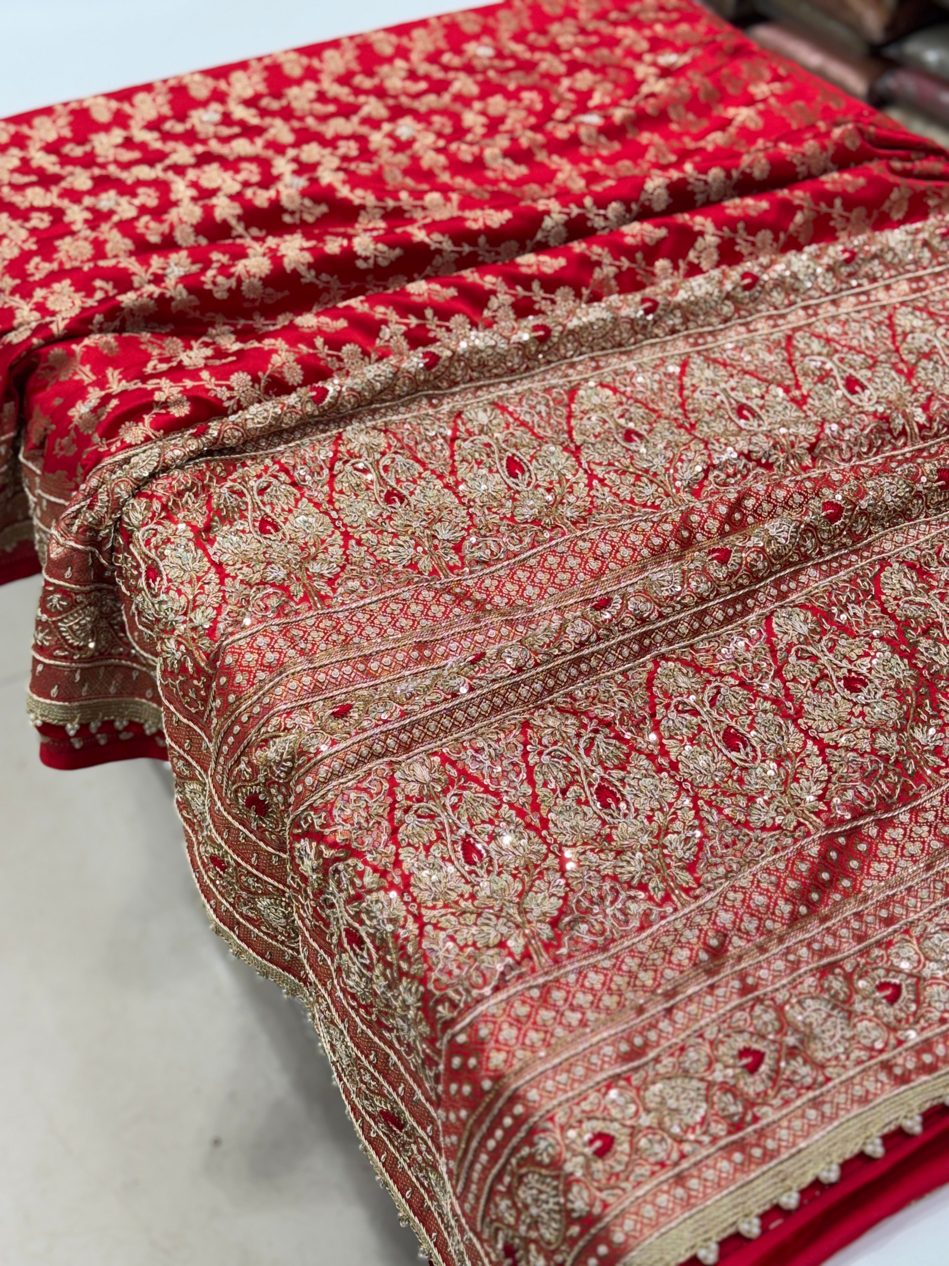 Red Banarasi Silk Resham Zardosi Heart Border Embroidery Saree