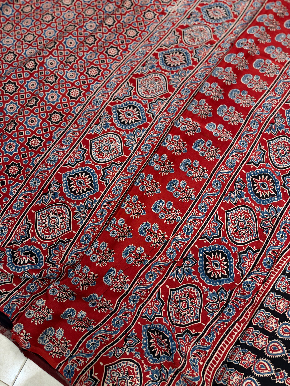 Red Manek Jaal Ajrakh Hand Block Print Pure Gajji Silk Saree