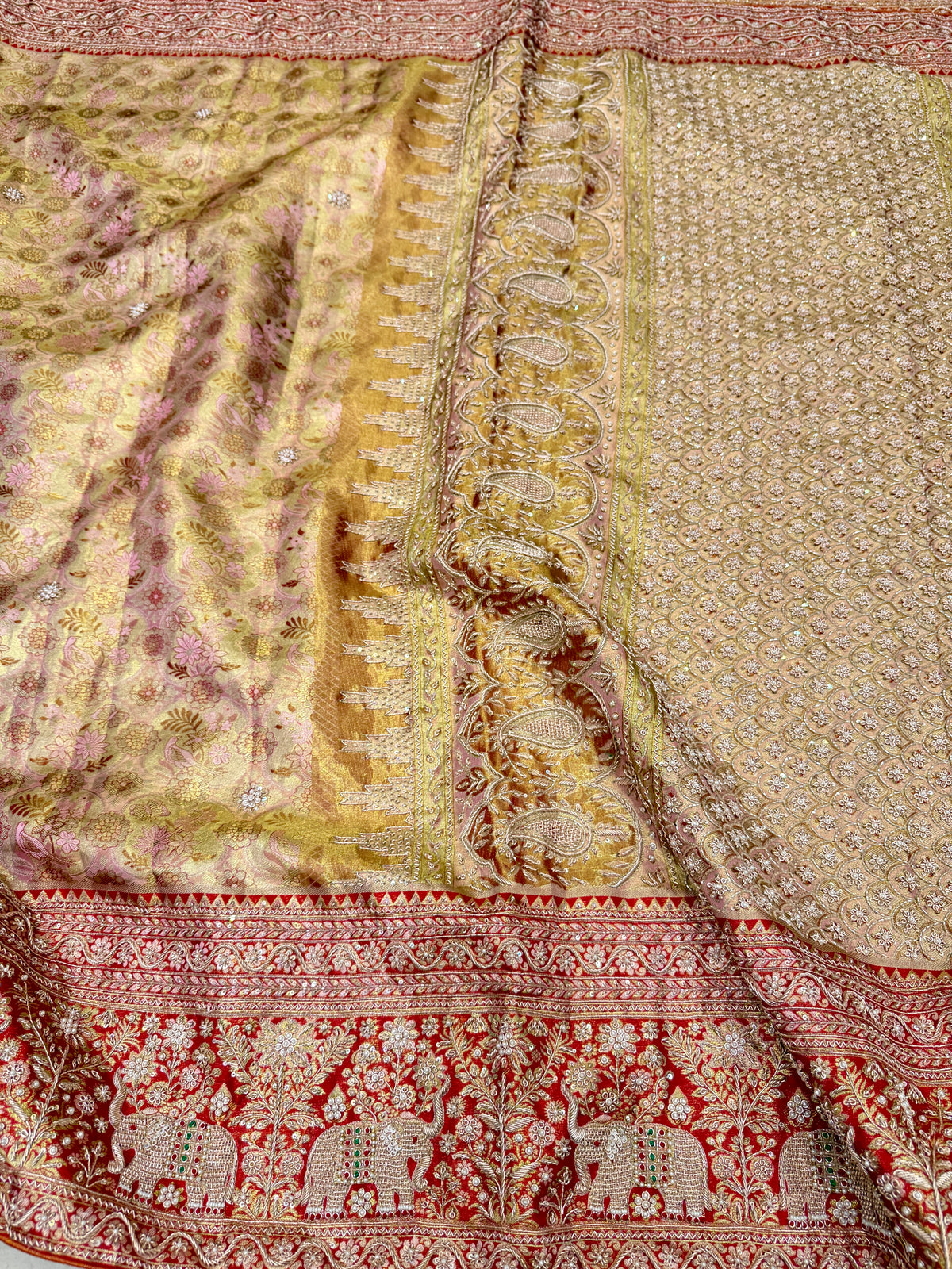 Light Pink Elephant Motif Meenakari Tissue Kanjivaram Zardosi Hand Embroidery Saree