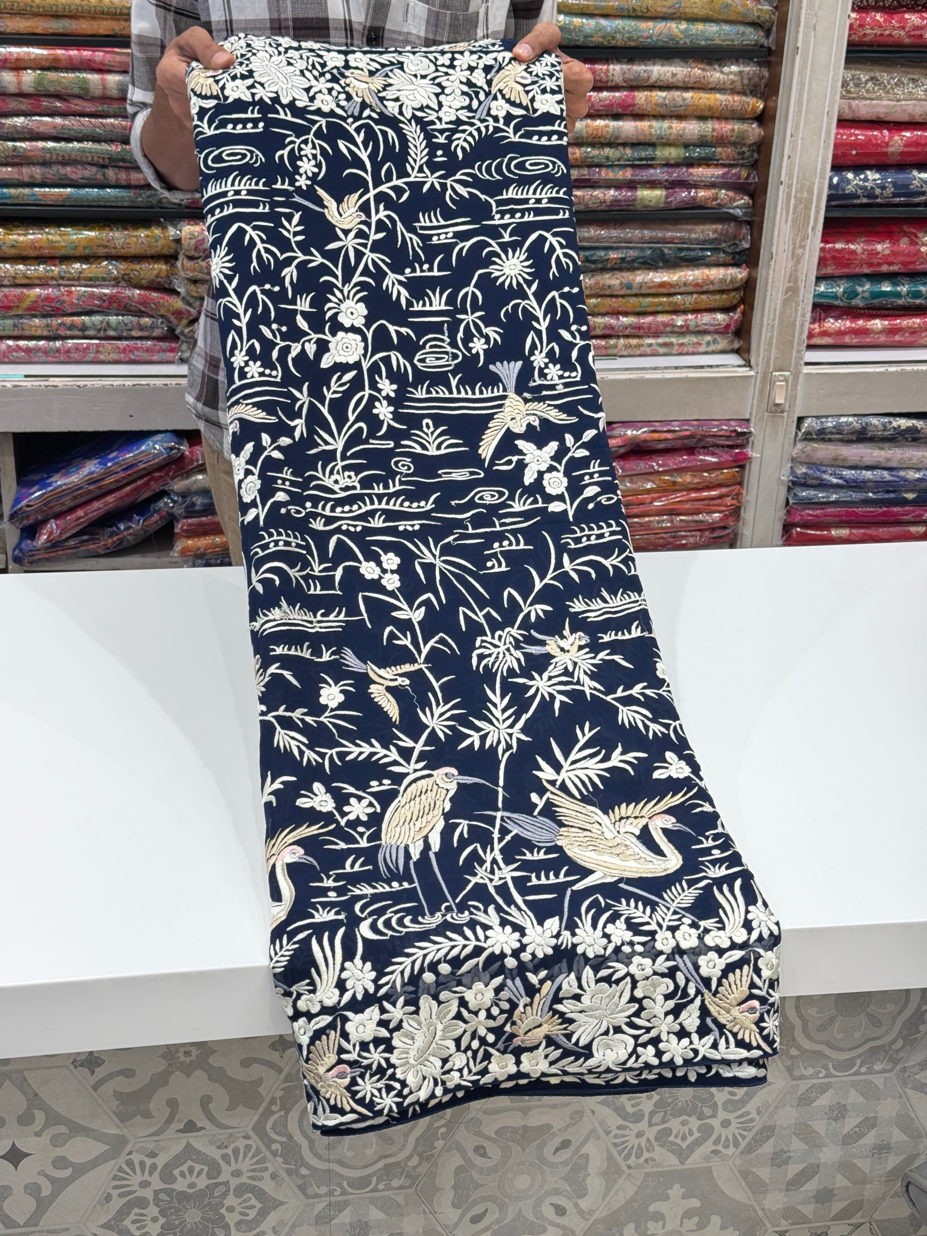 Blue Georgette Flying Flamingo Parsi Gara Saree