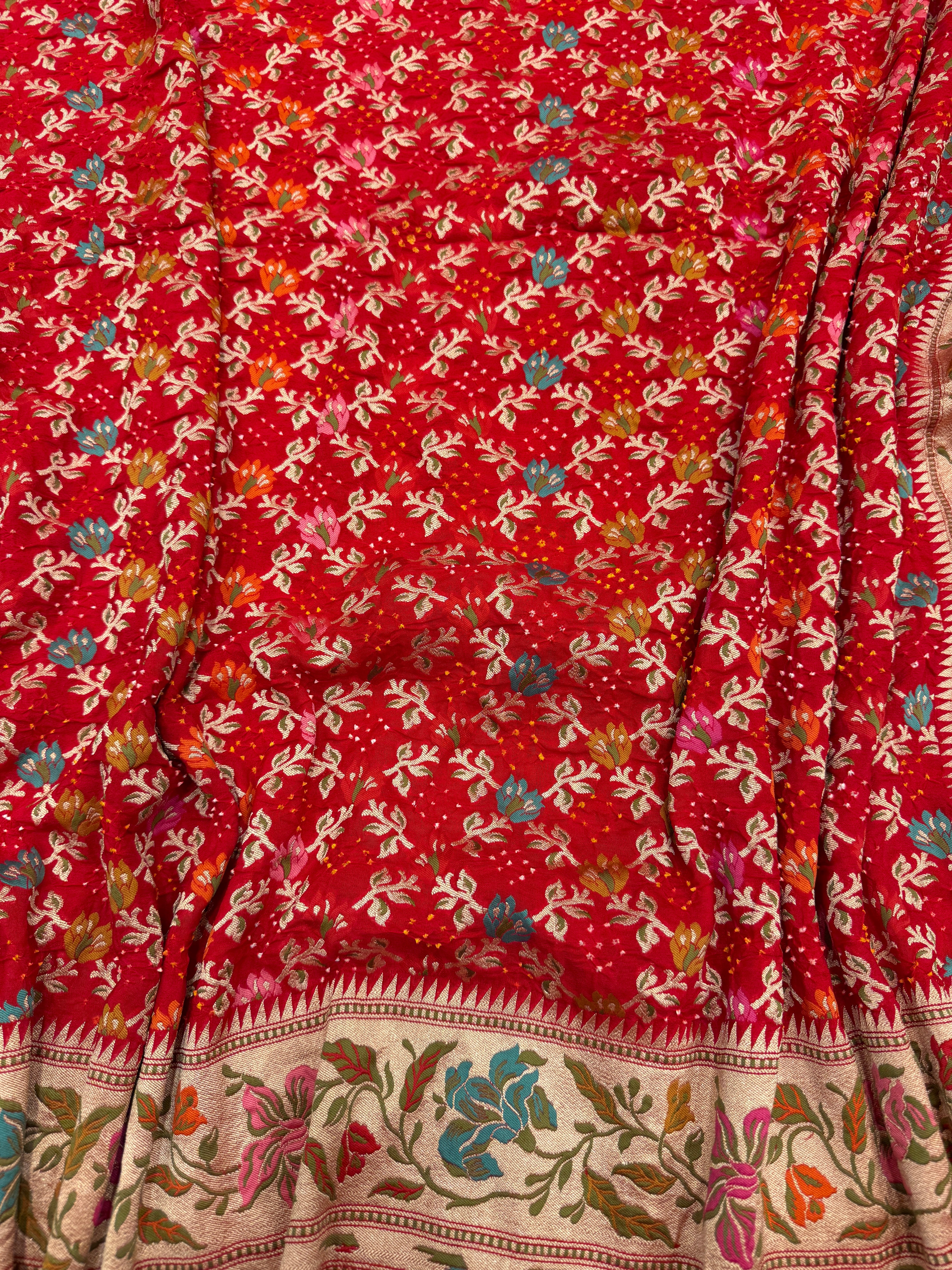Red Meenakari Floral Jaal Rai Bandhej Georgette Bandhini Saree
