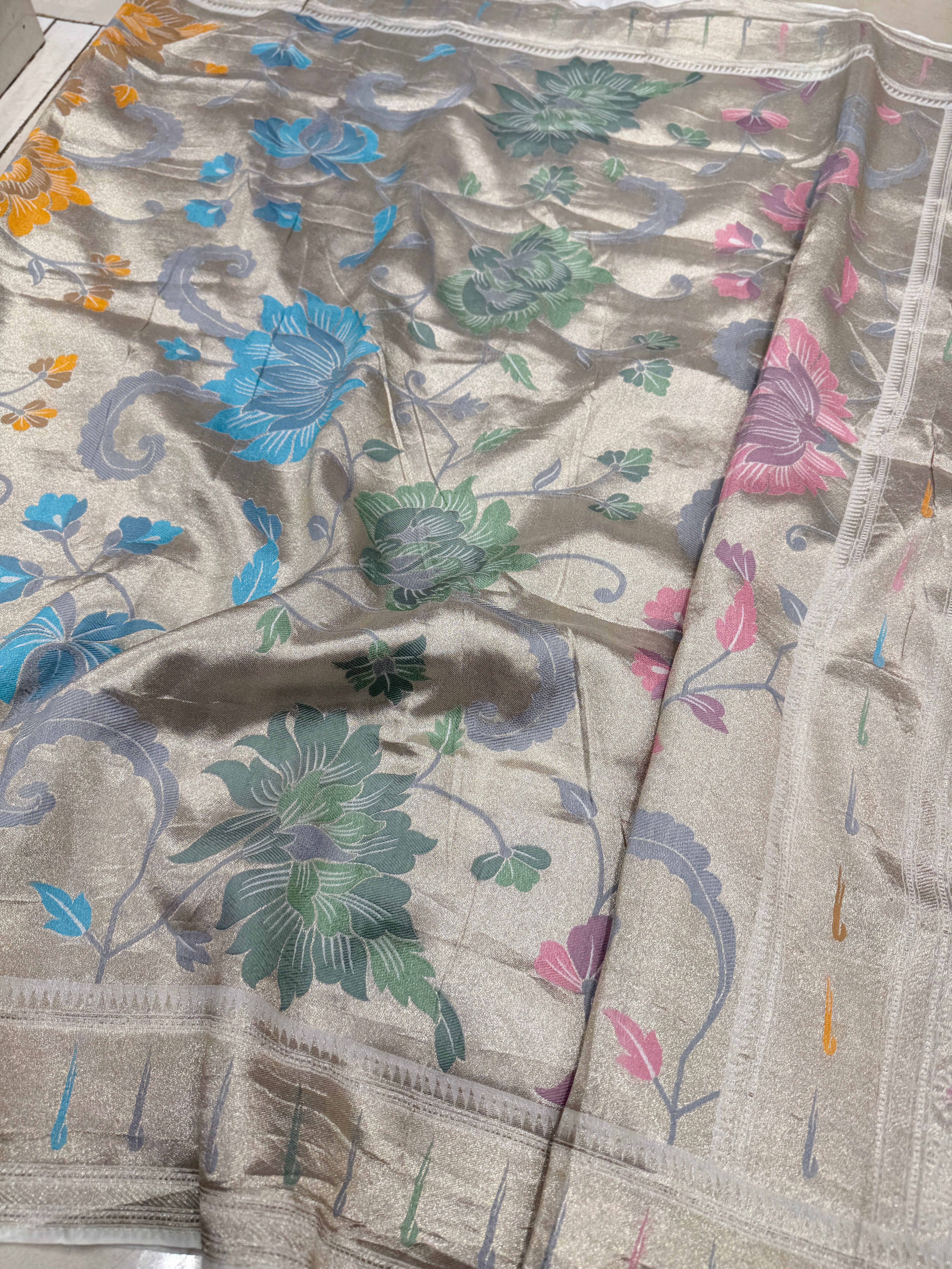 Silver Meenakari Muniya Tissue Munga Banarasi Paithani Saree