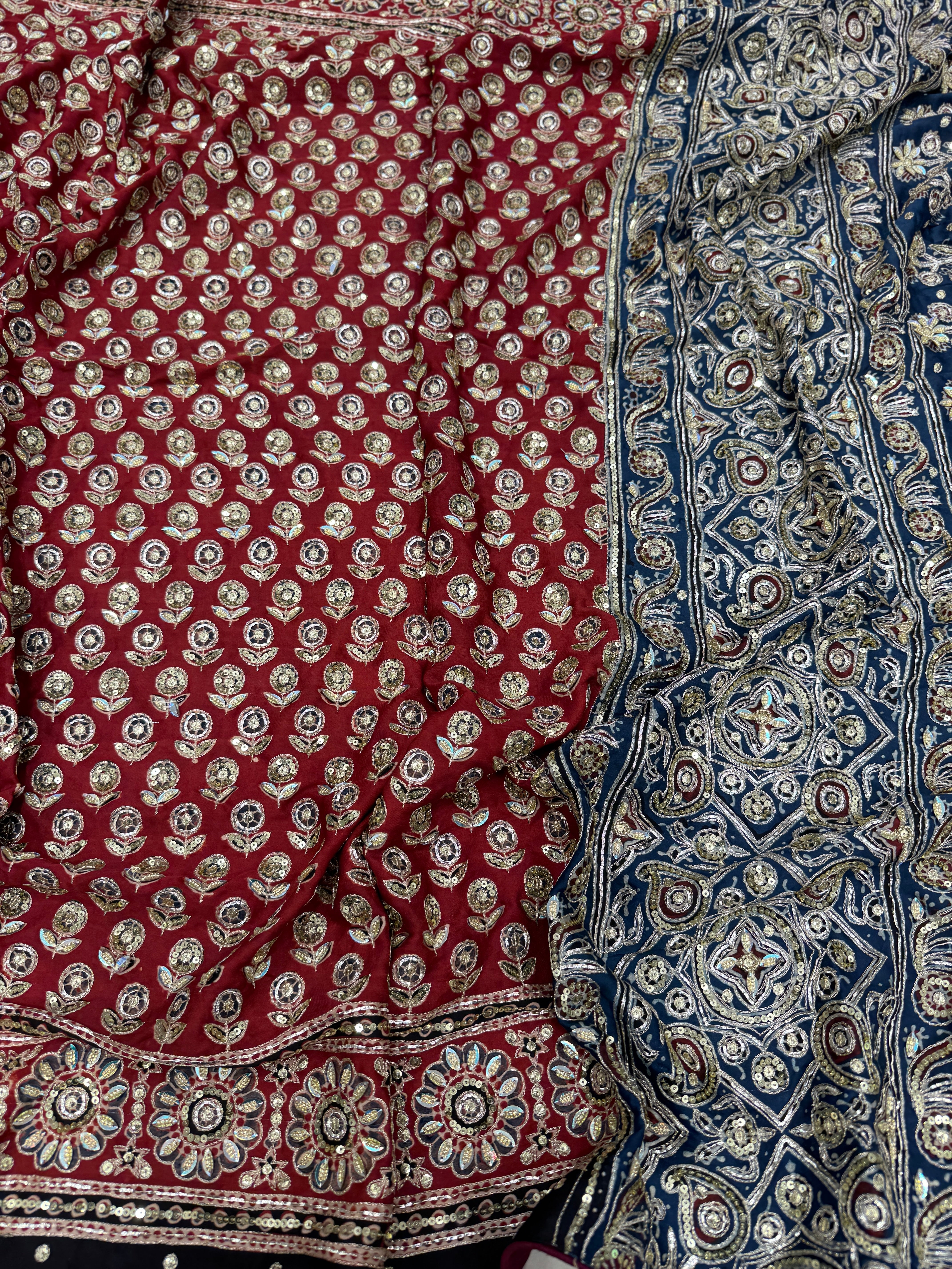 Red Buttis Pita Zardosi Sequin Ajrakh Hand Embroidery Saree