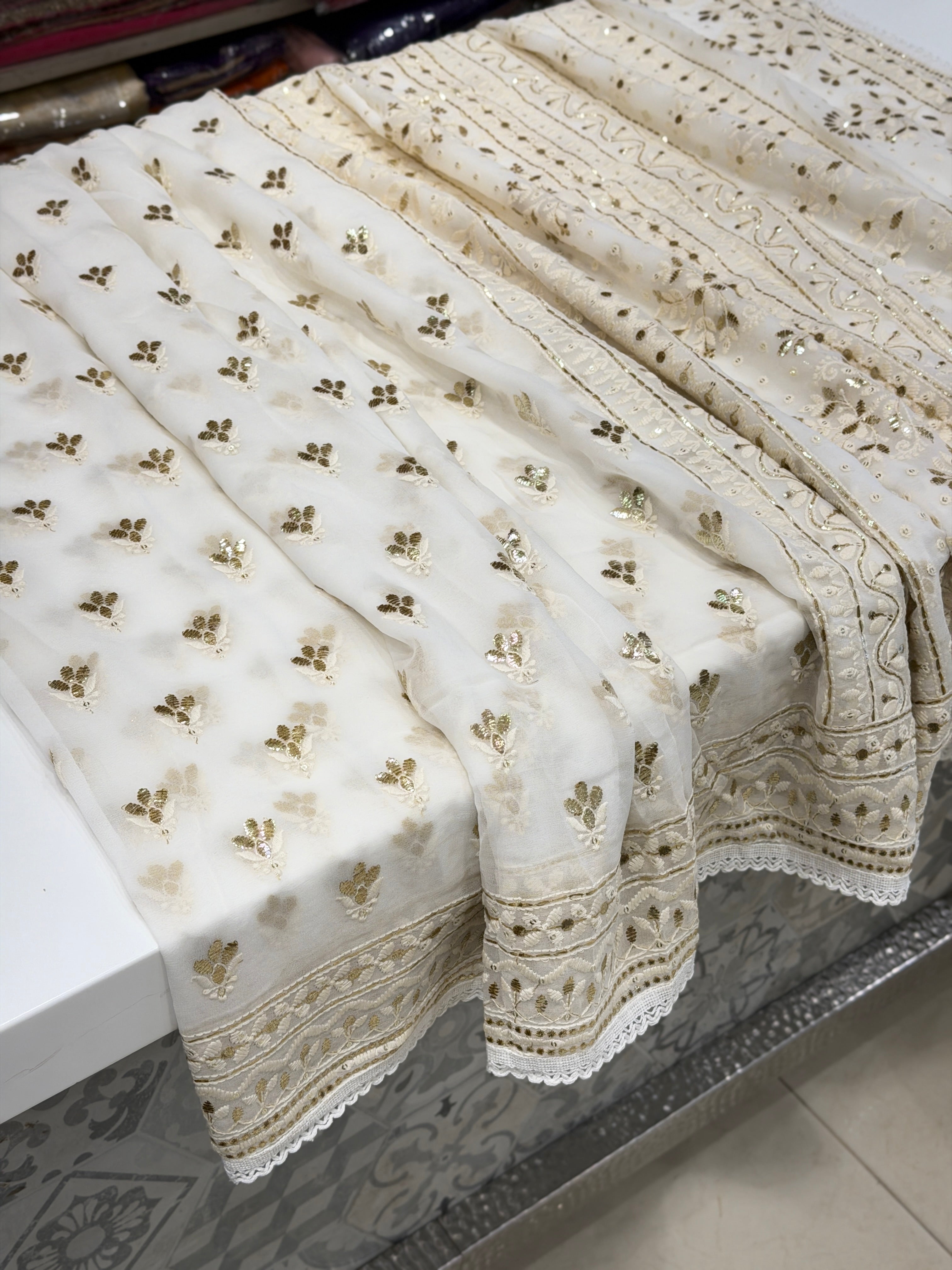 White Georgette Badla Embroidery Buttis Chikankari Saree