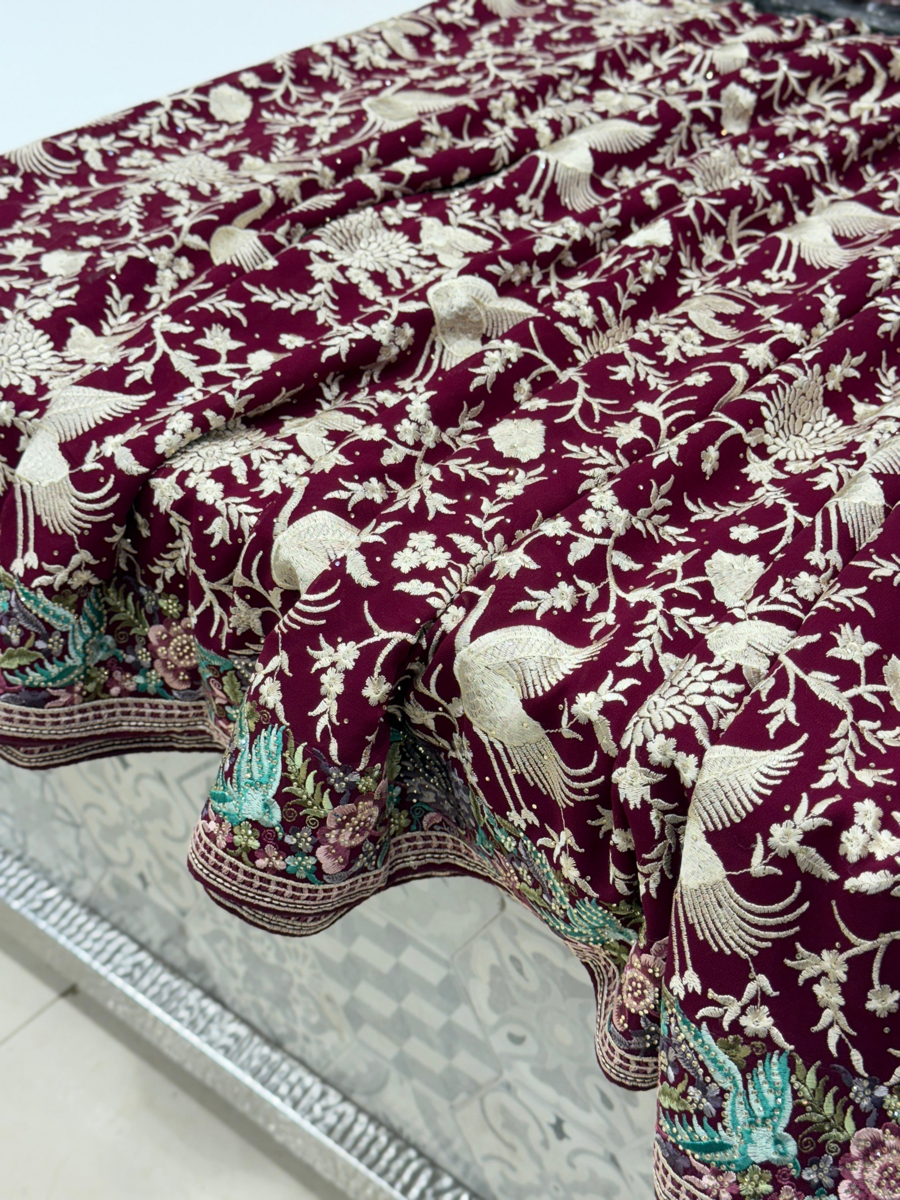 Wine Parsi Gara Saree with Stone Work Resham Embroidery
