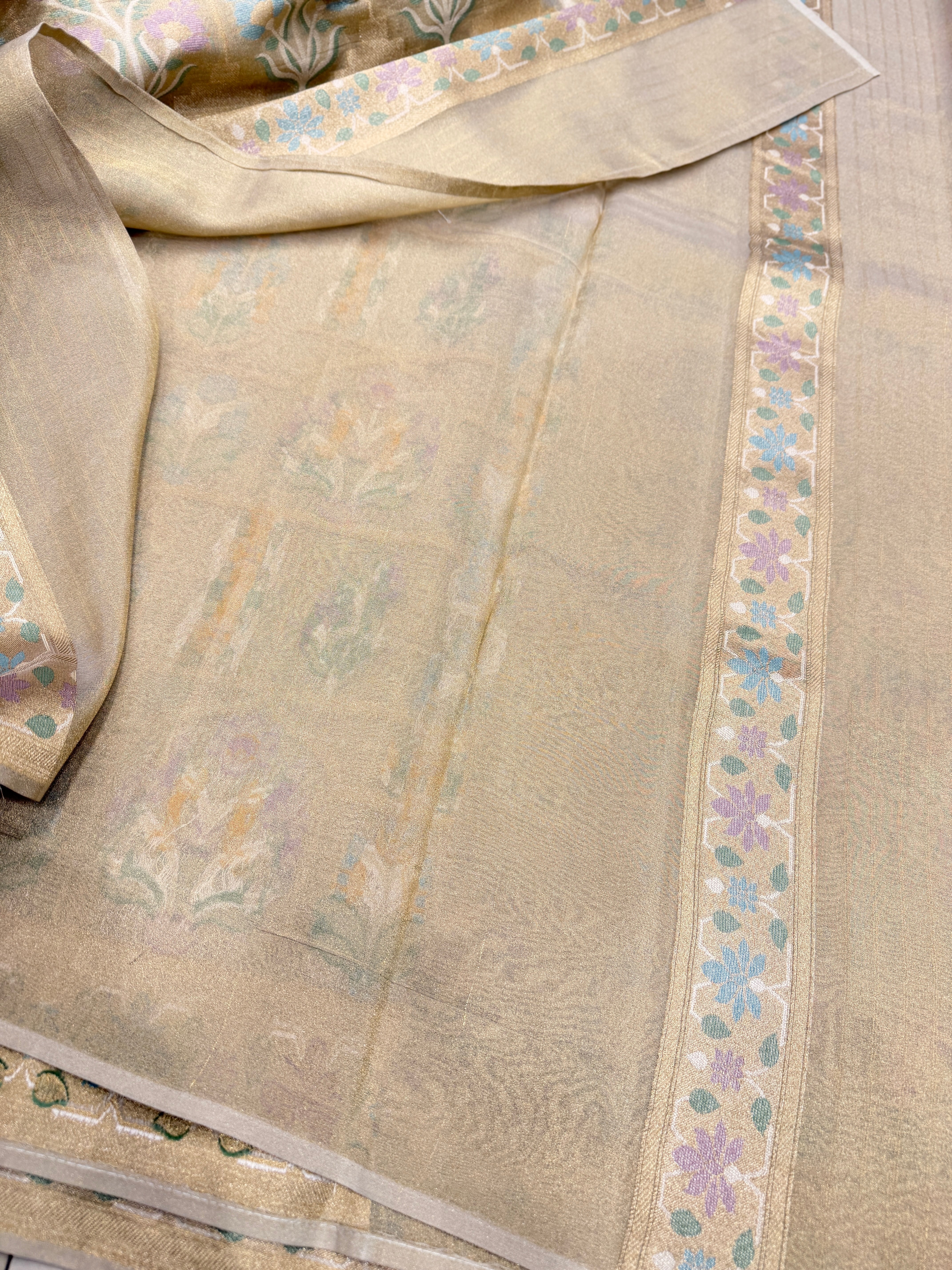Golden Meenakari Temple Style Weaved Banarasi Tissue Silk Saree