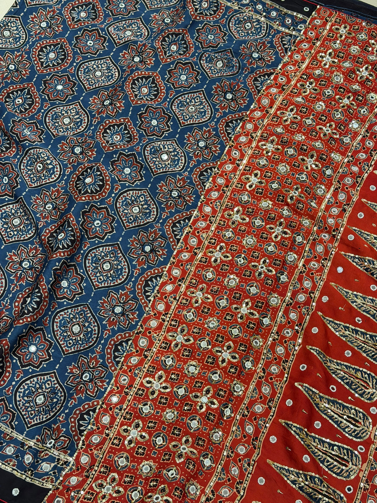Blue Red Badam Jaal Ajrakh Real Mirror Moti Sequin Hand Embroidery Saree