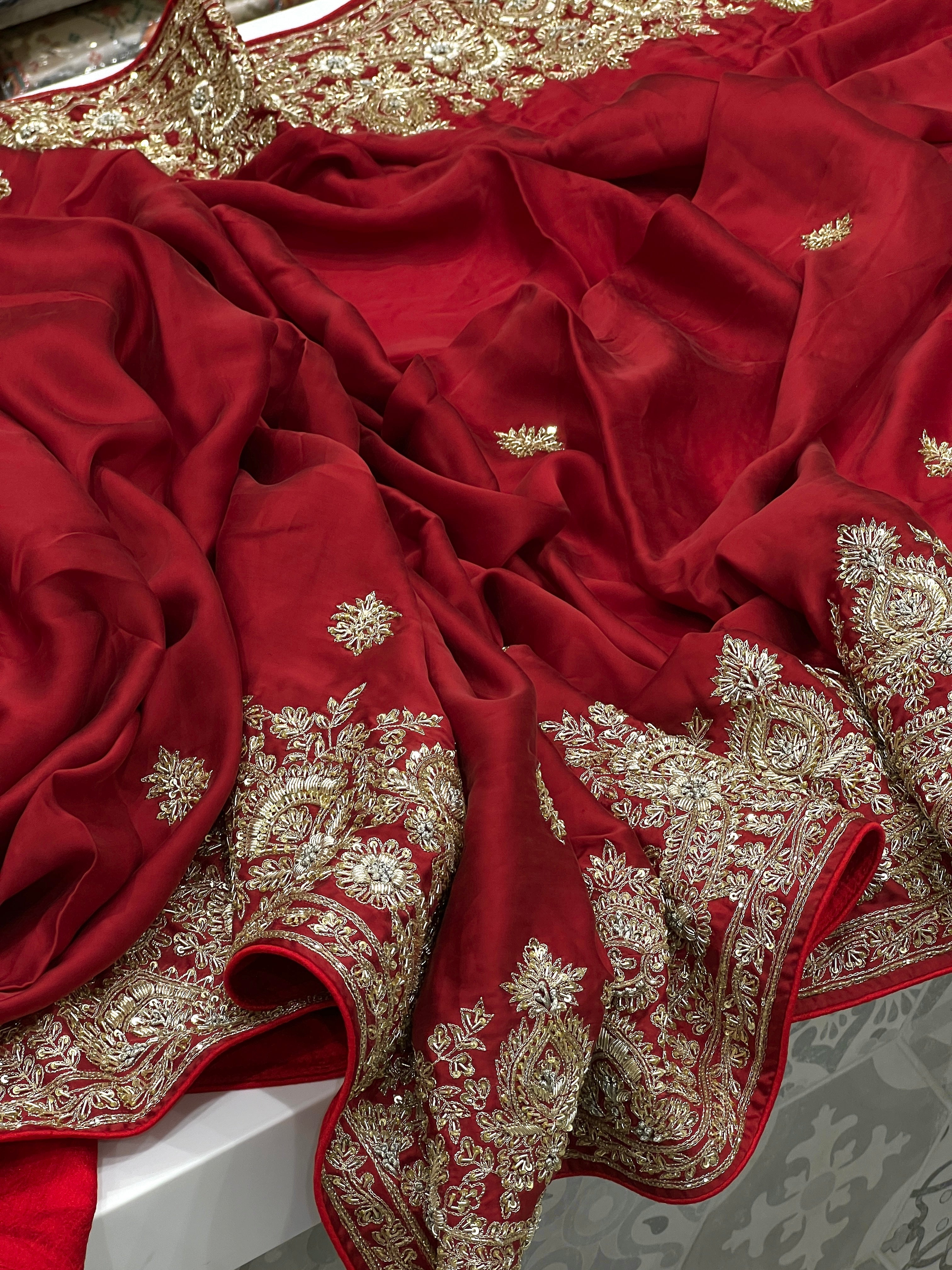 Red Satin Zardosi Hand Embroidery Saree