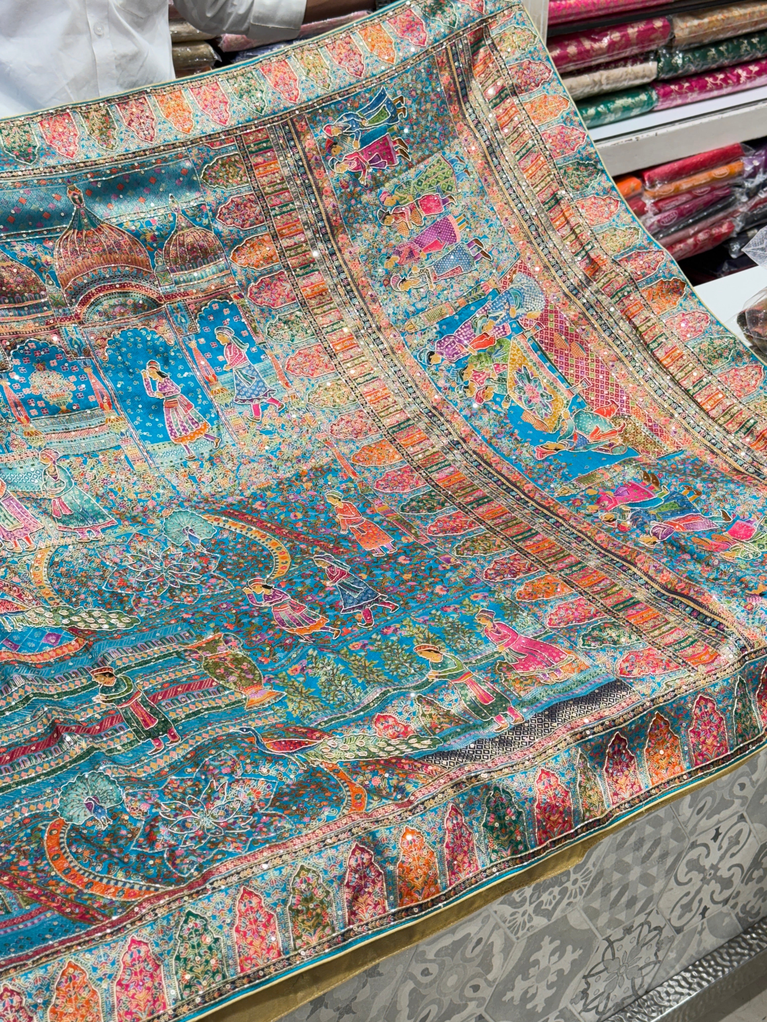 Firozi Blue Darbar Pashmina Style Weave with Hand Embroidery