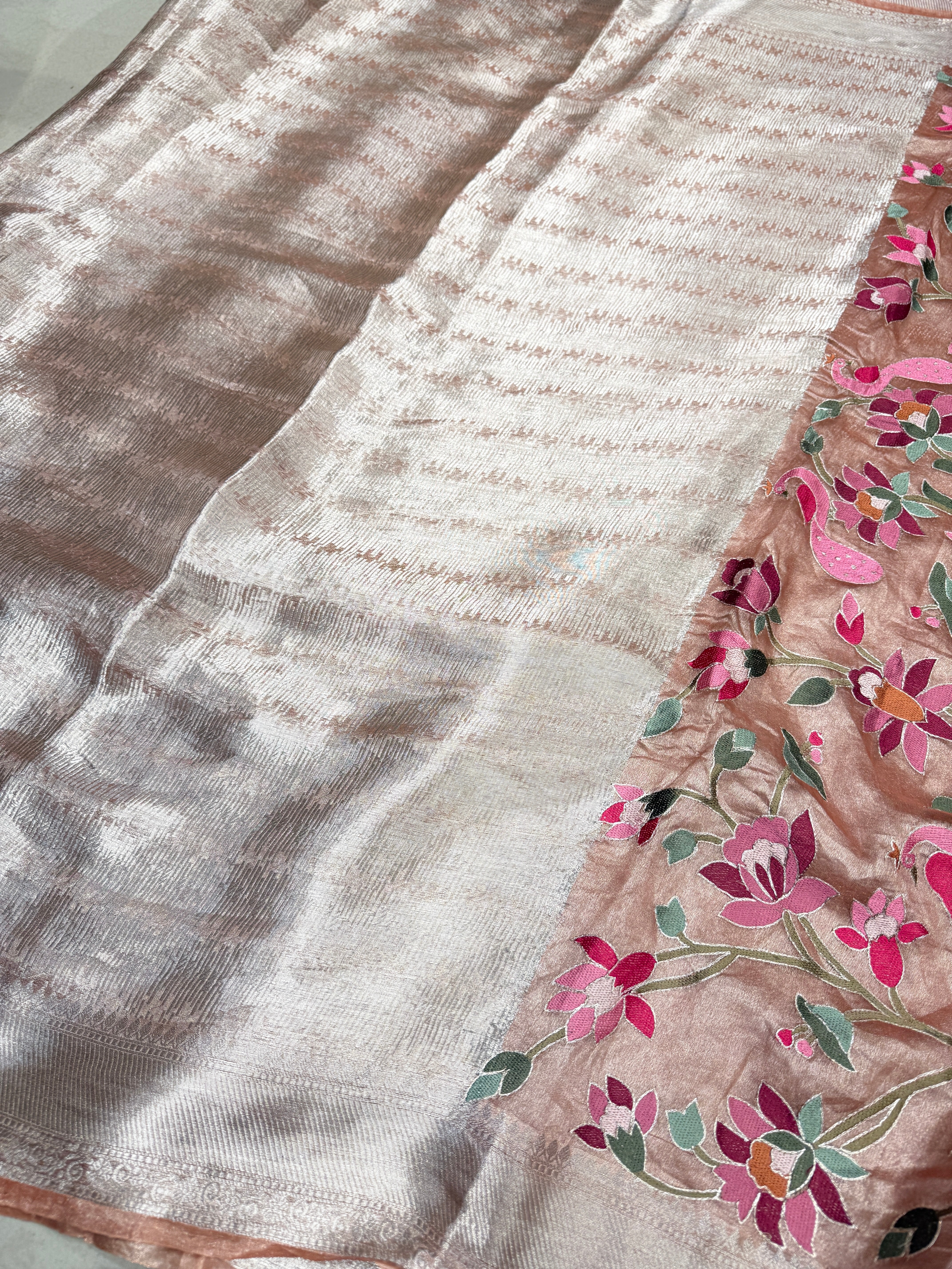 Peach Silver Handloom Tissue Swans Contemporary Resham Embroidery Saree