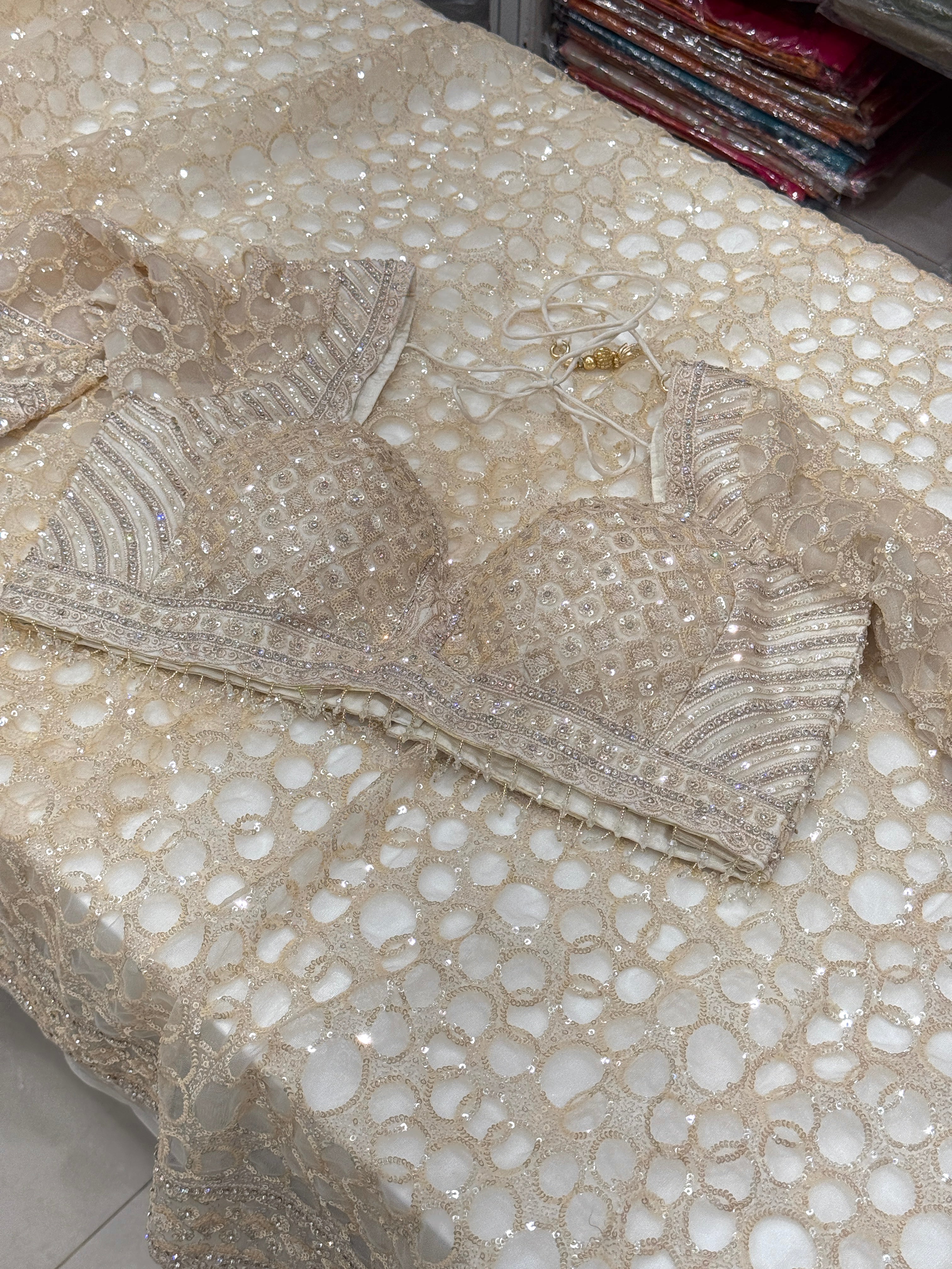 Gold Net Embroidery Sequin Saree with Ready Blouse