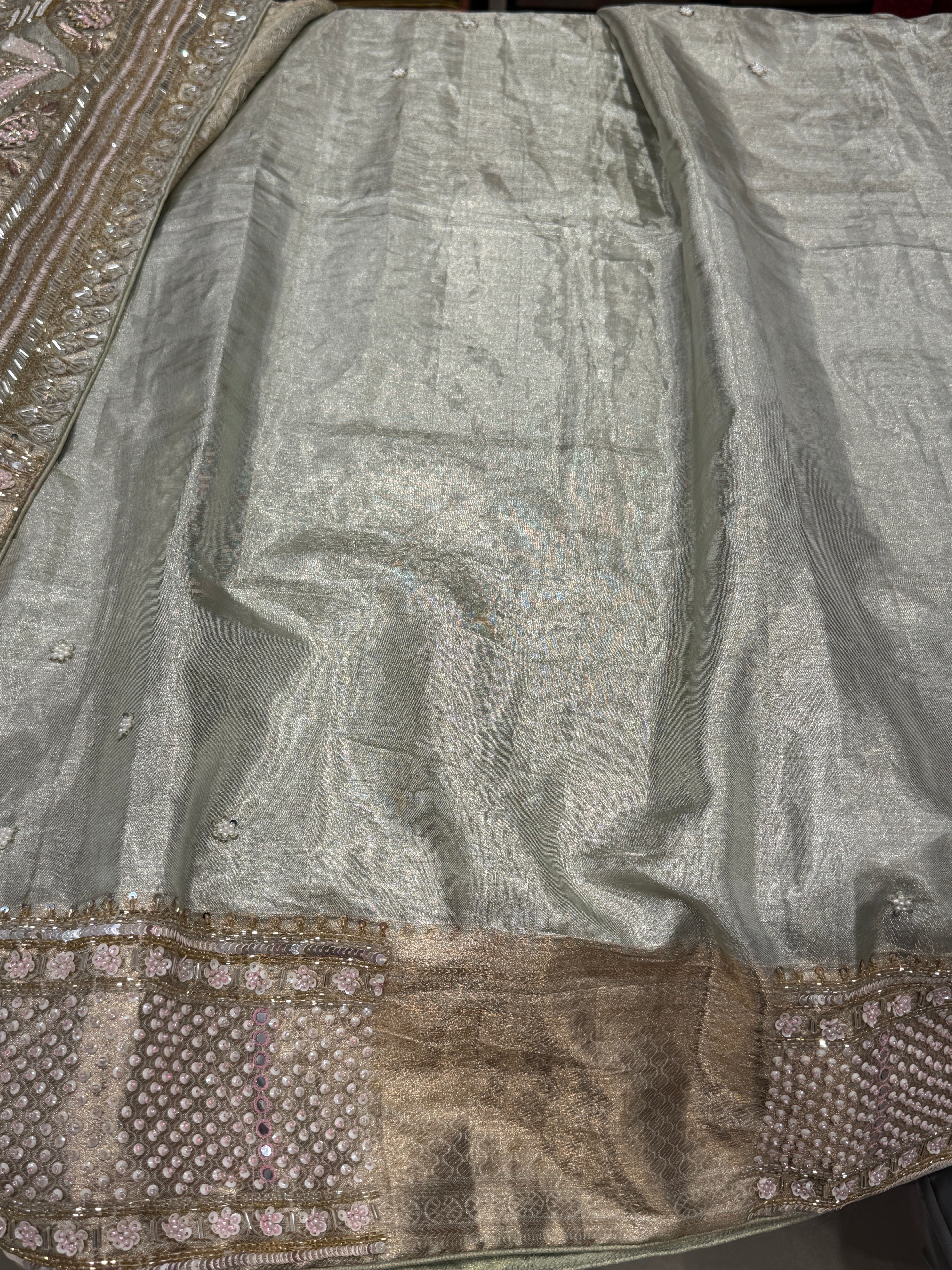 Sage Green Contemporary Tissue Jaal Kanjivaram Hand Embroidery Saree