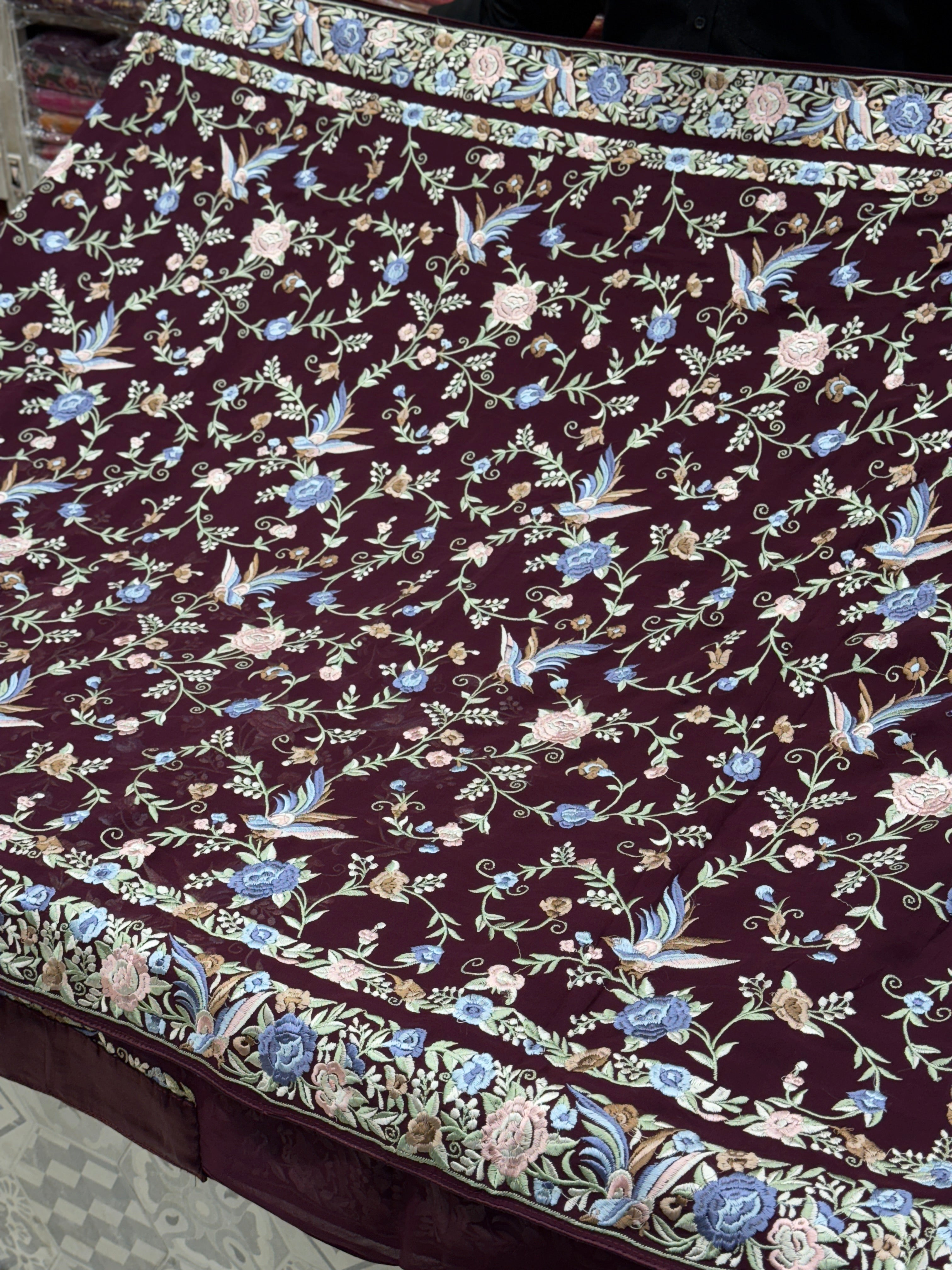 Wine Double Border Embroidery Parsi Gara Saree