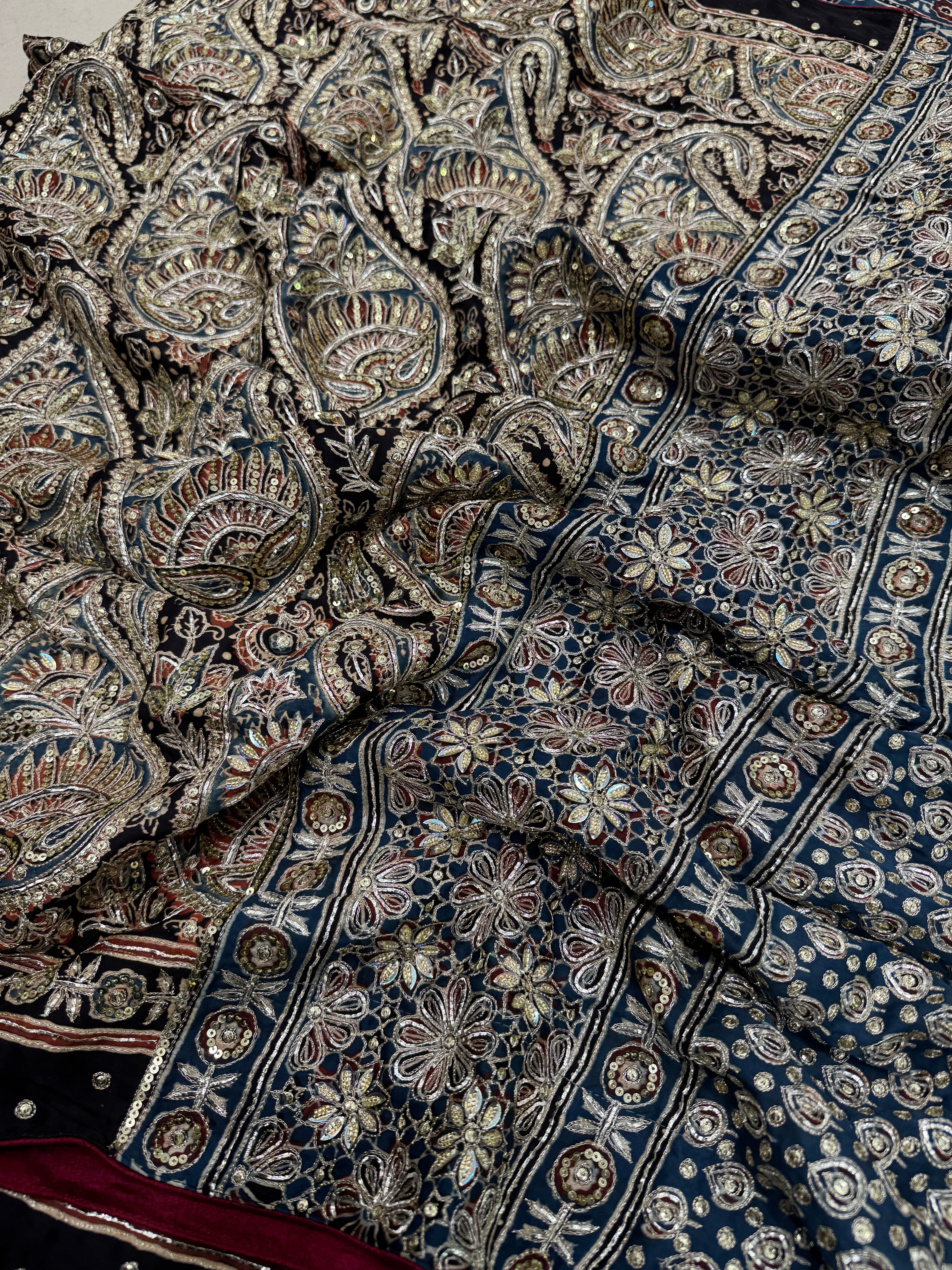 Black Keri Jaal Ajrakh Blue Pallu Hand Embroidery Zardosi and Pita Work