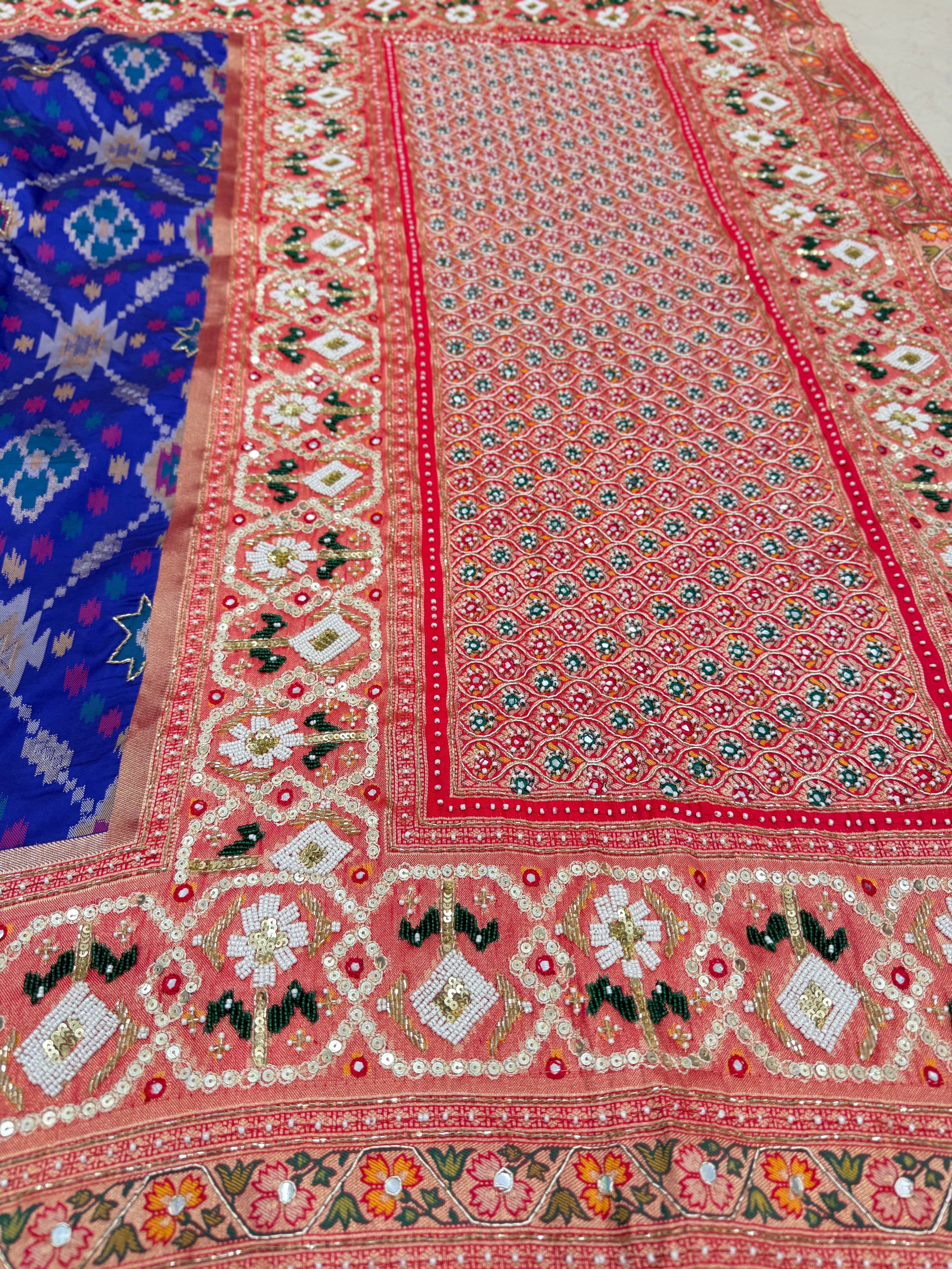 Royal Blue Patola Kidiya Moti Embroidery Saree