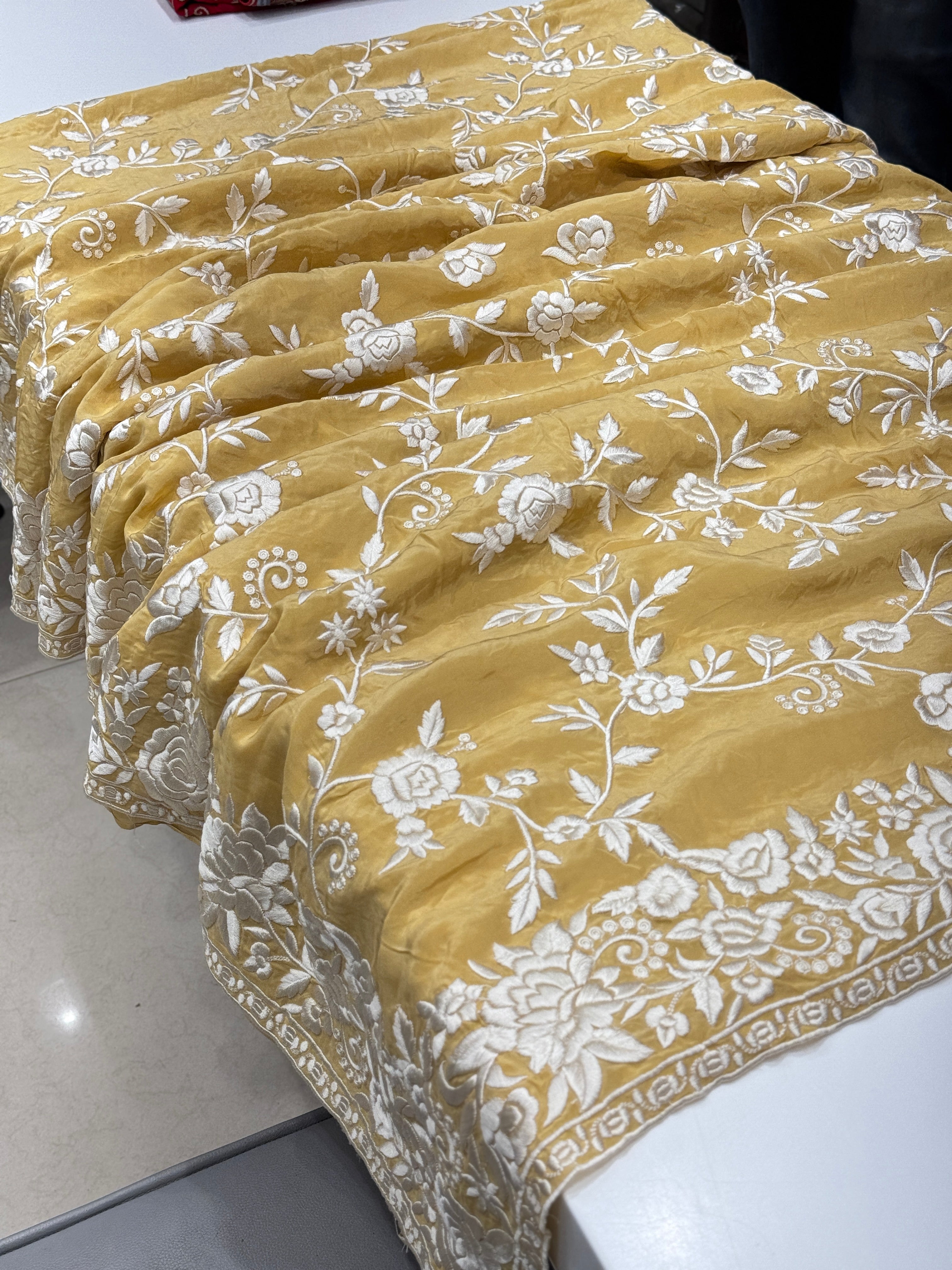 Yellow Crepe Floral Parsi Gara Saree