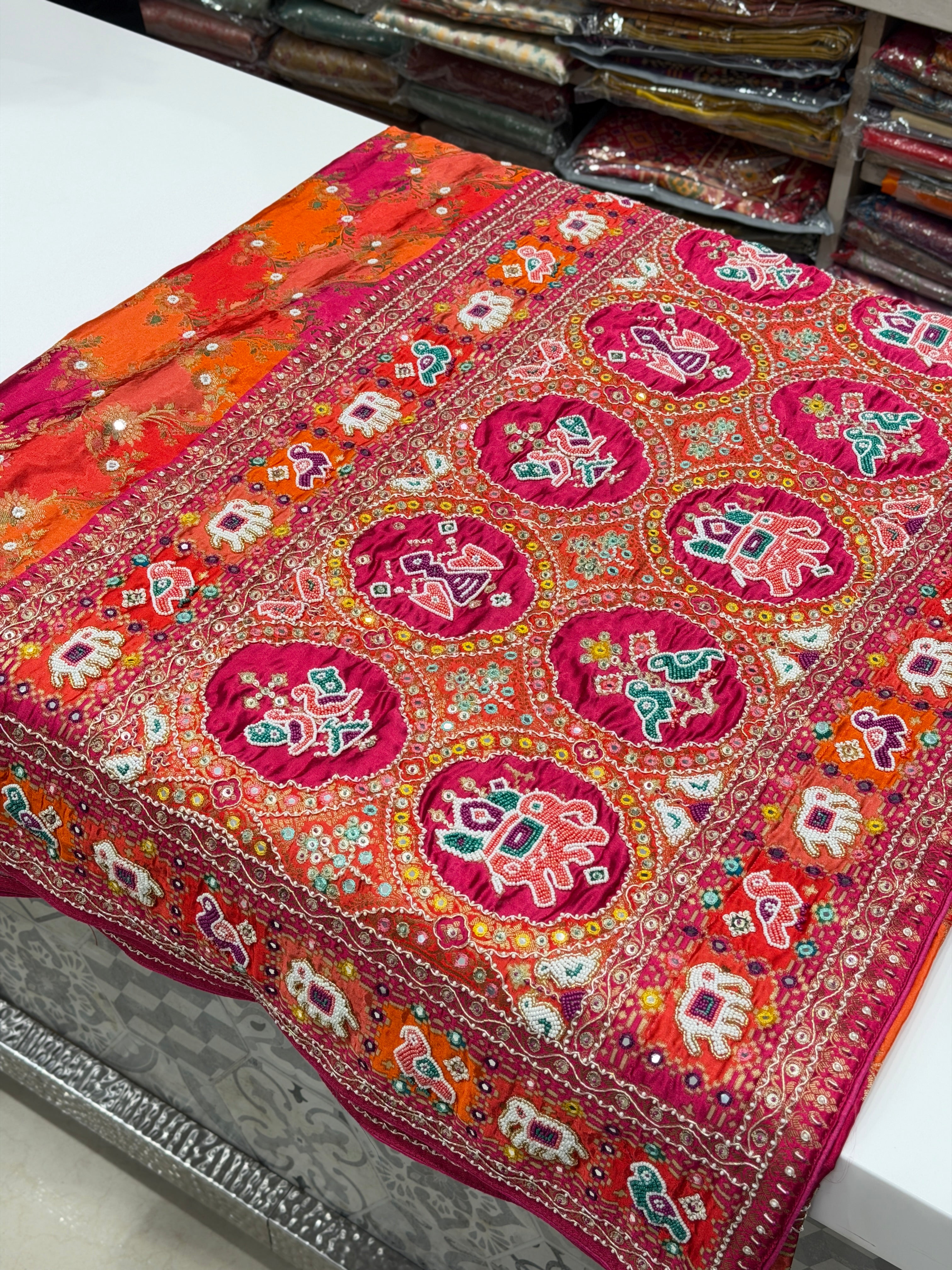 Orange Rani Banarasi Modal Rangkat Patola Weave Hand Embroidery Saree