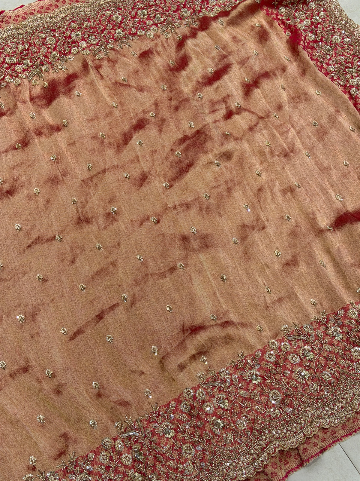 Rani Pink Crepe Tissue Embroidery Ready Blouse Saree