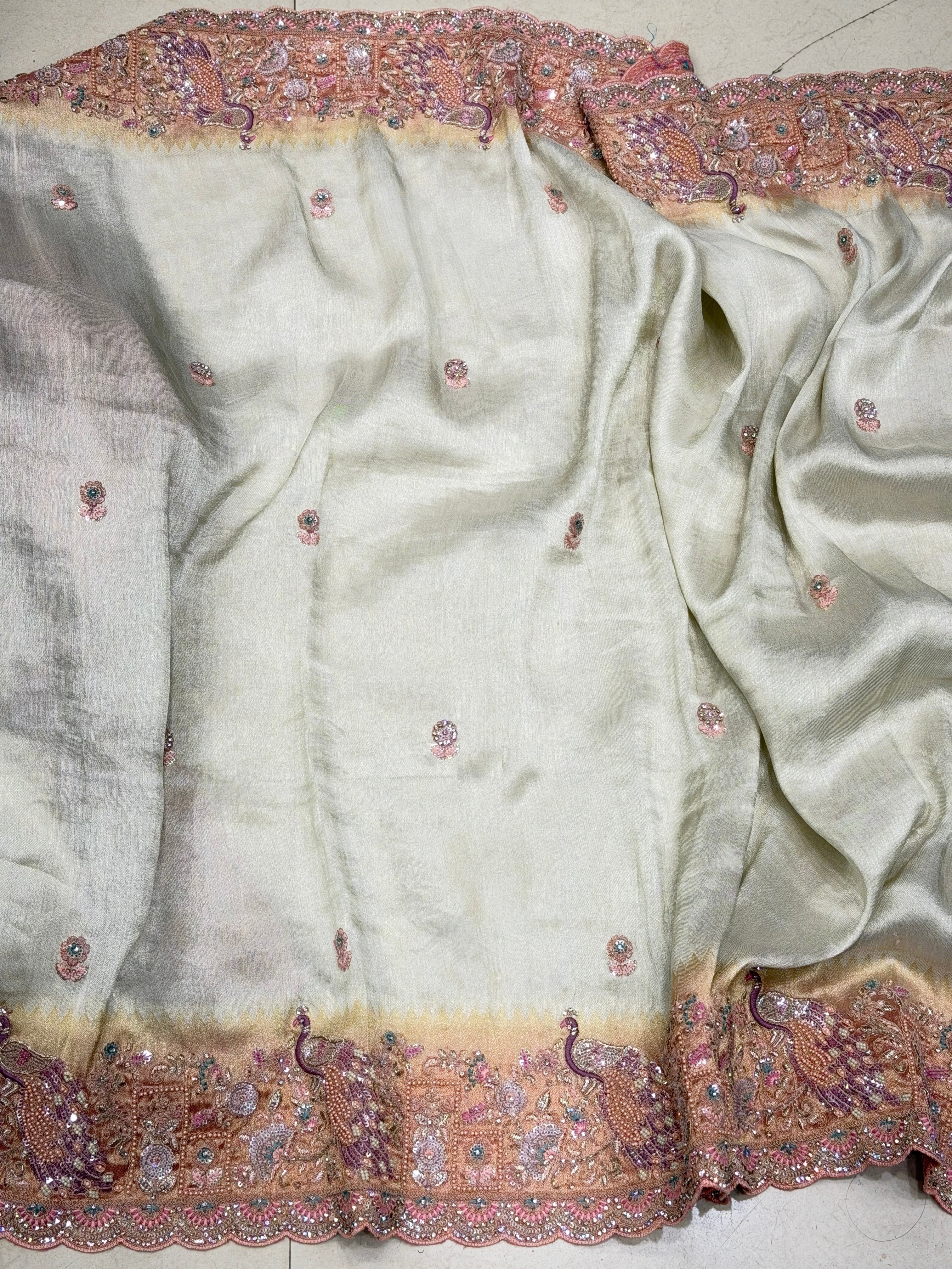 Silver Light Pink Soft Tissue Weaved Moti Embroidery Saree