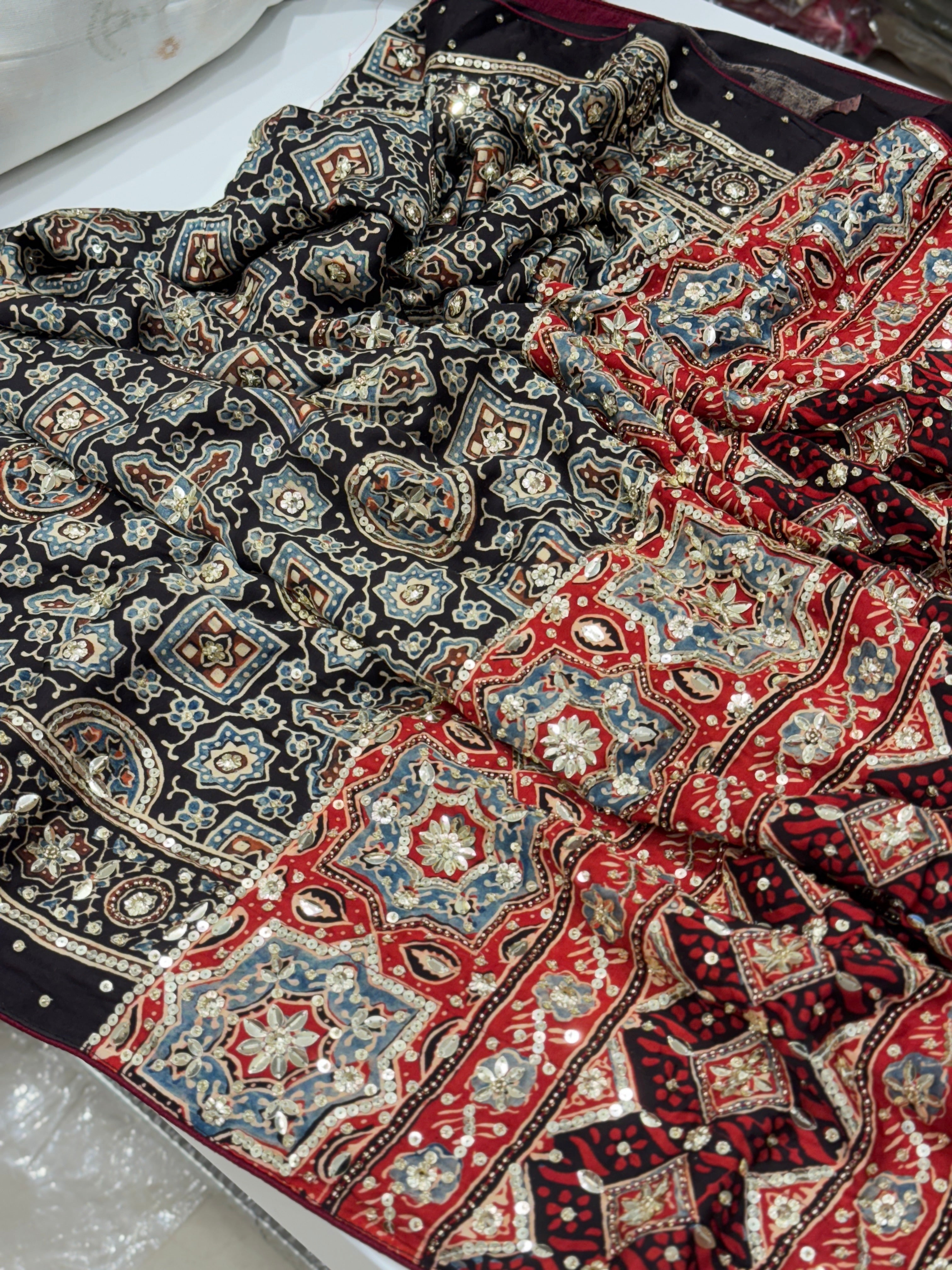 Black Red Pallu Ajrakh Badam Buttas Pita Sequin Moti Hand Embroidery Saree