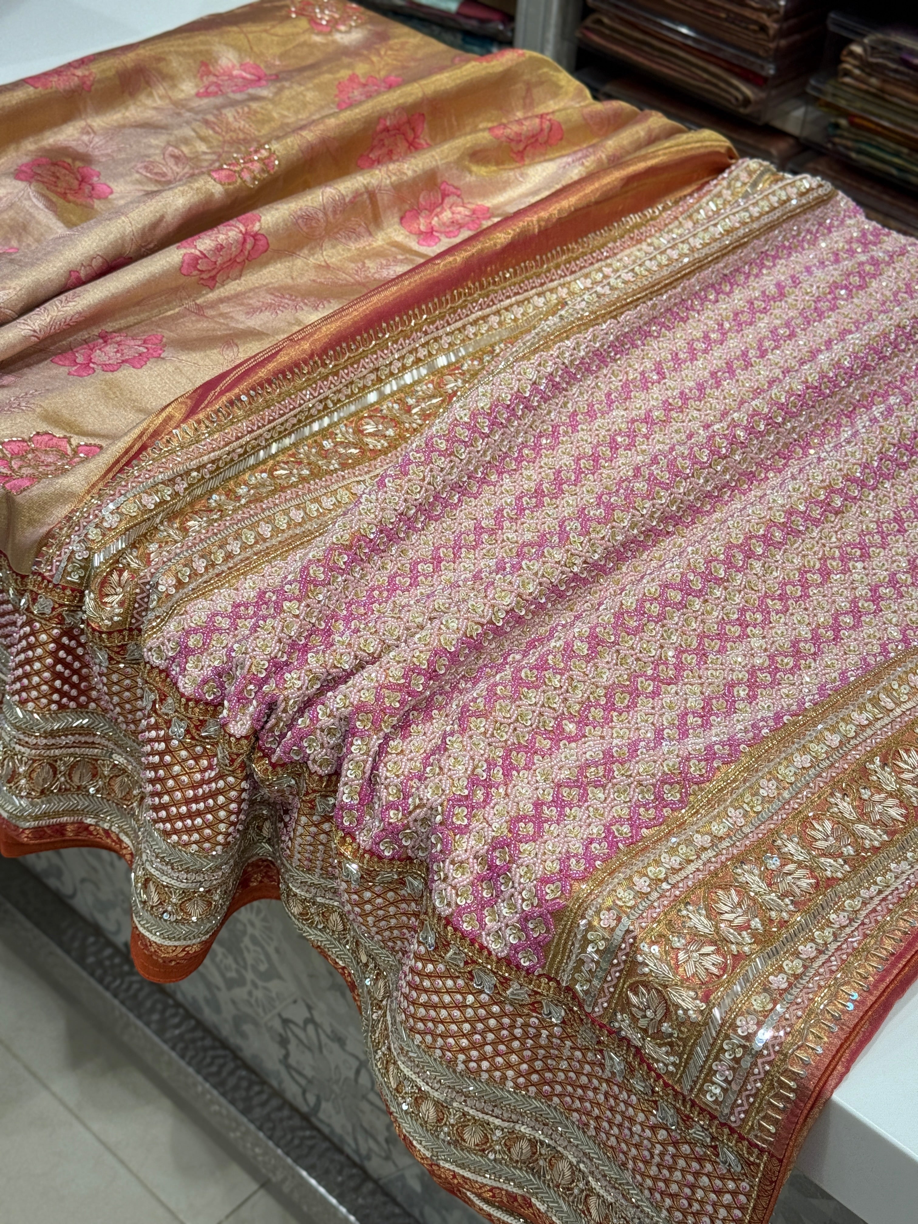 Rani Pink Rose Edit Tissue Kanjivaram Hand Embroidery Saree