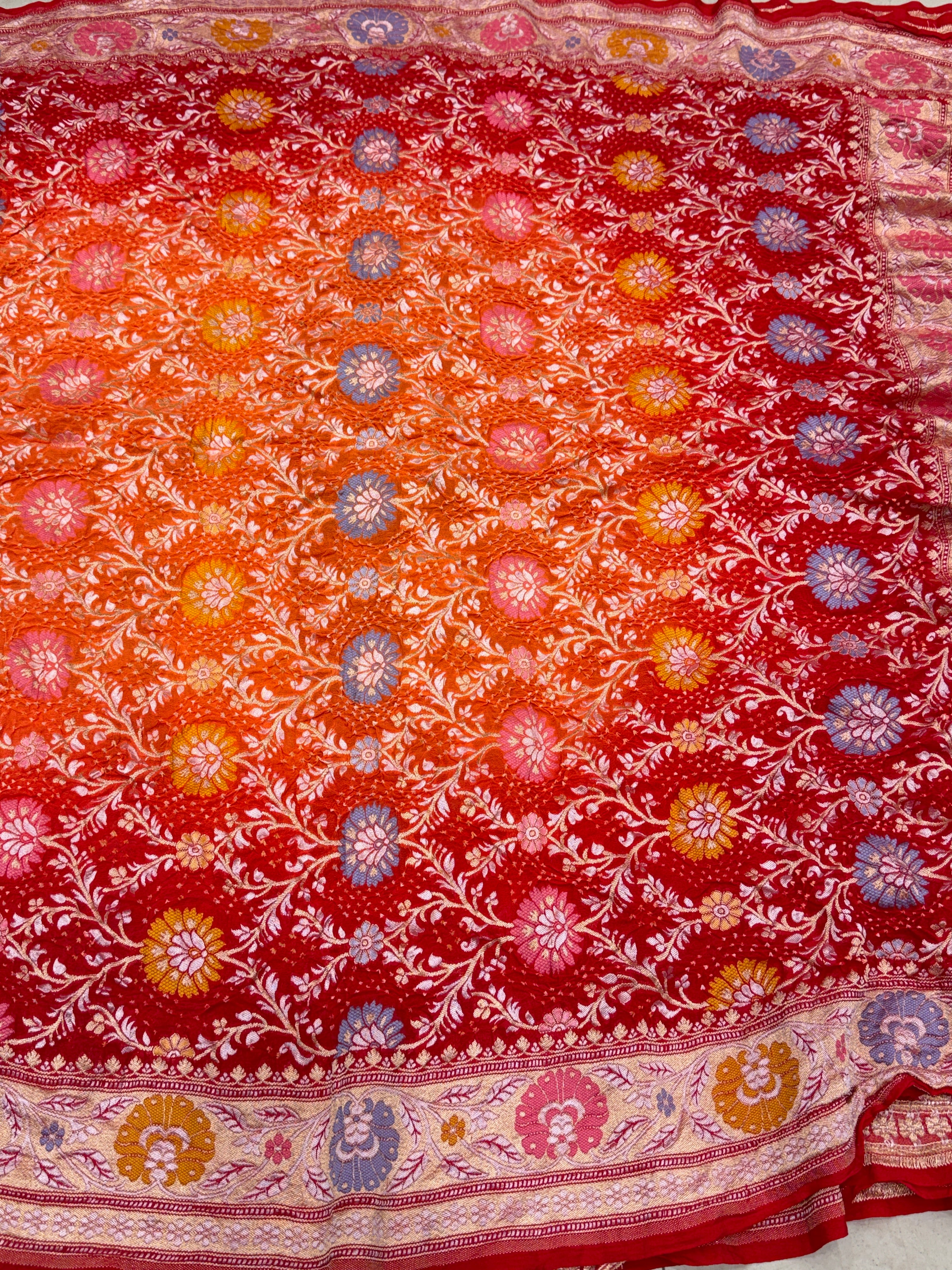 Shaded Orange Red Meenakari Jaal Pure Handloom Bandhej Georgette Saree
