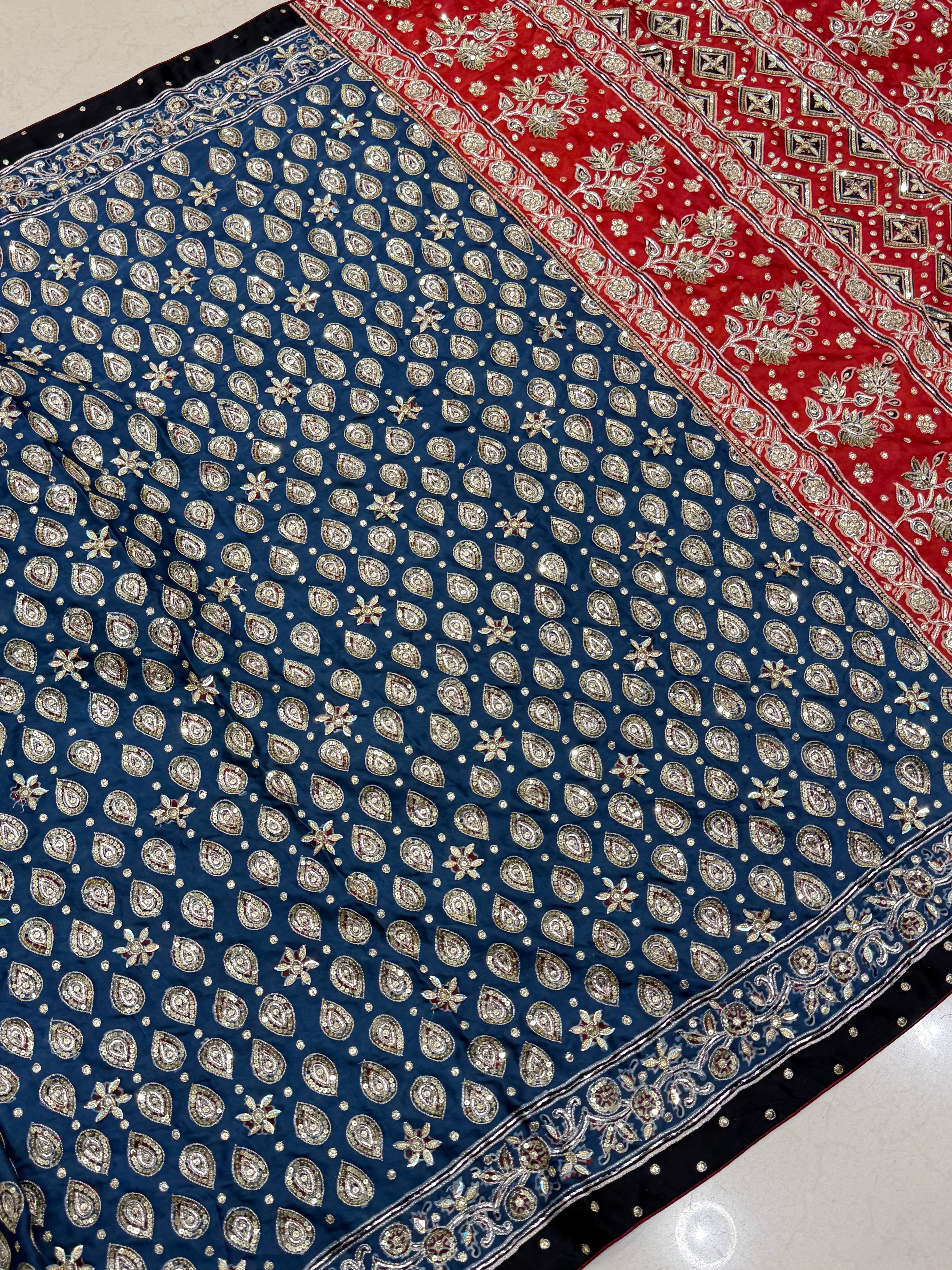 Blue Red Floral Buttis Ajrakh Hand Embroidery Saree