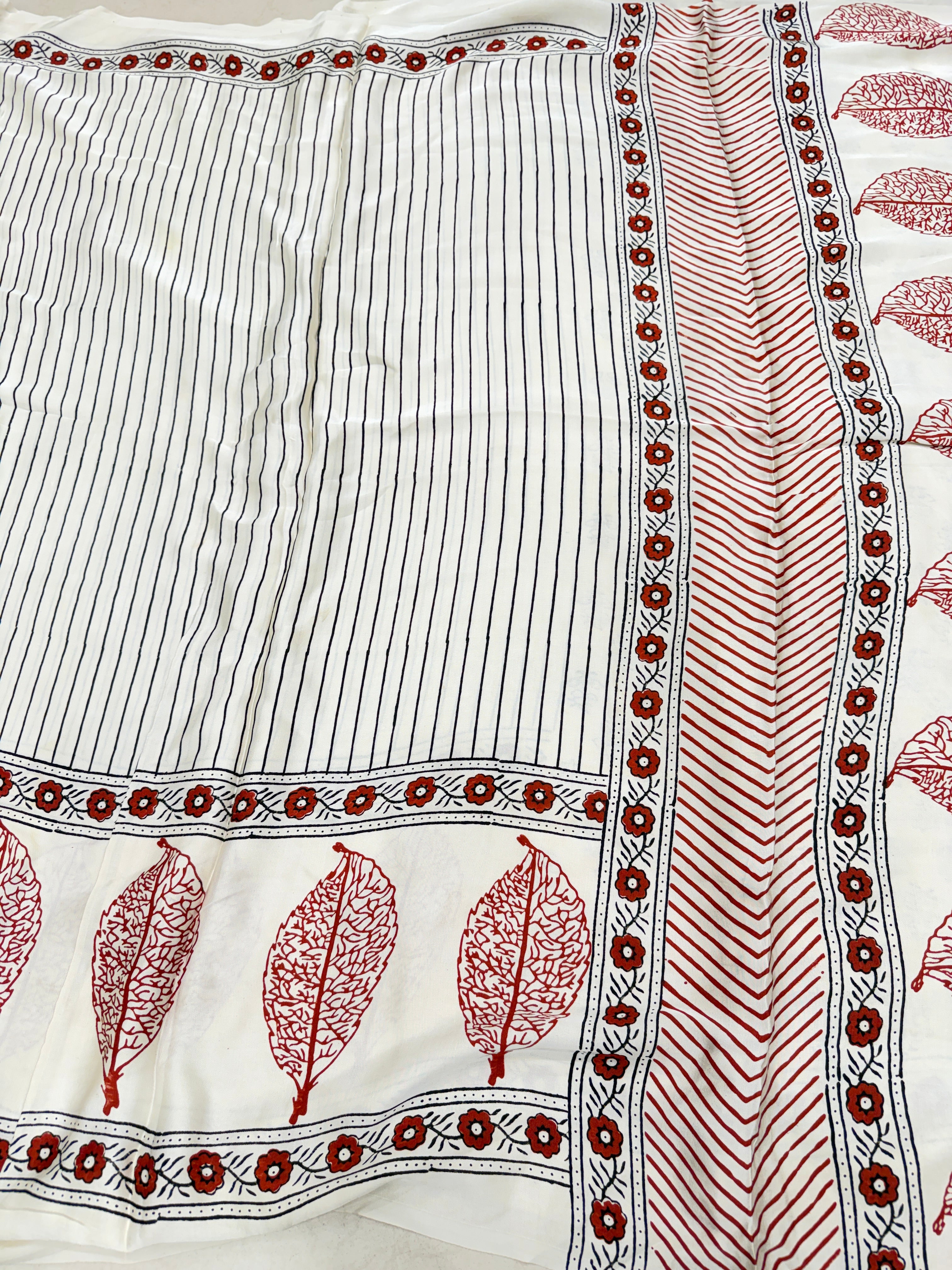 White Red Contemporary Ajrakh Hand Block Print Pure Gajji Silk Saree