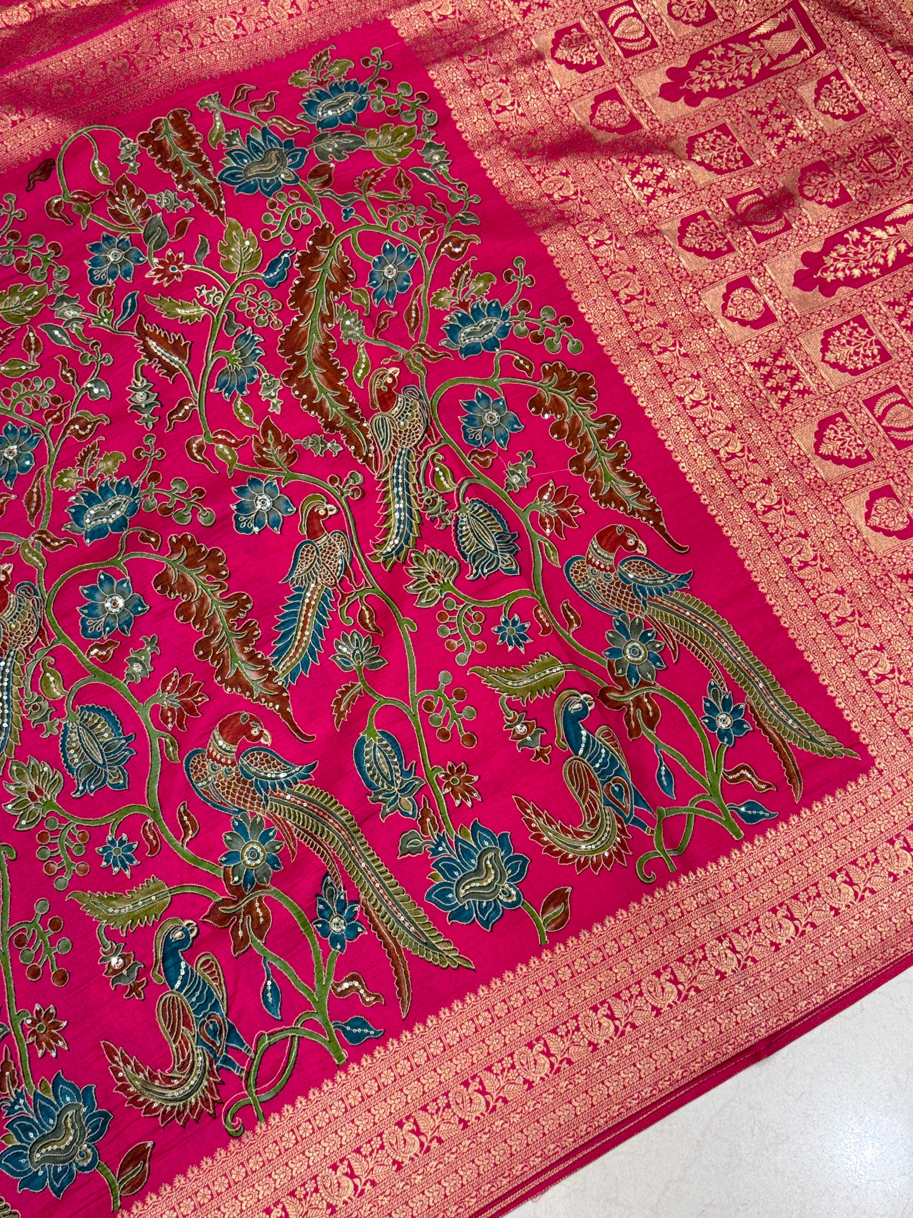 Rani Kalamkari Weave Banarasi Munga Pita Embroidery Saree
