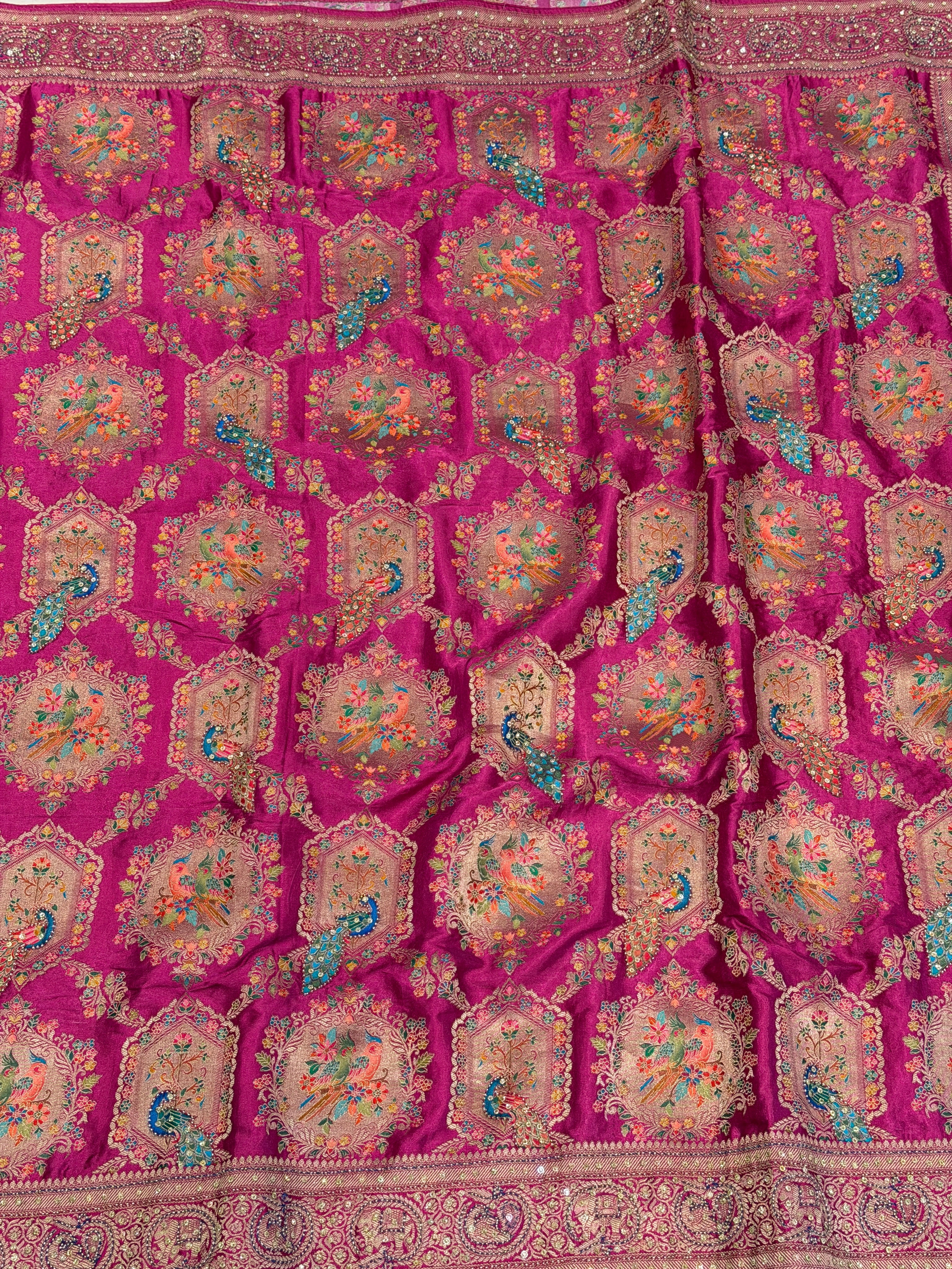 Wine Banarasi Modal Peacock Motif Kutchi Hand Embroidery Saree