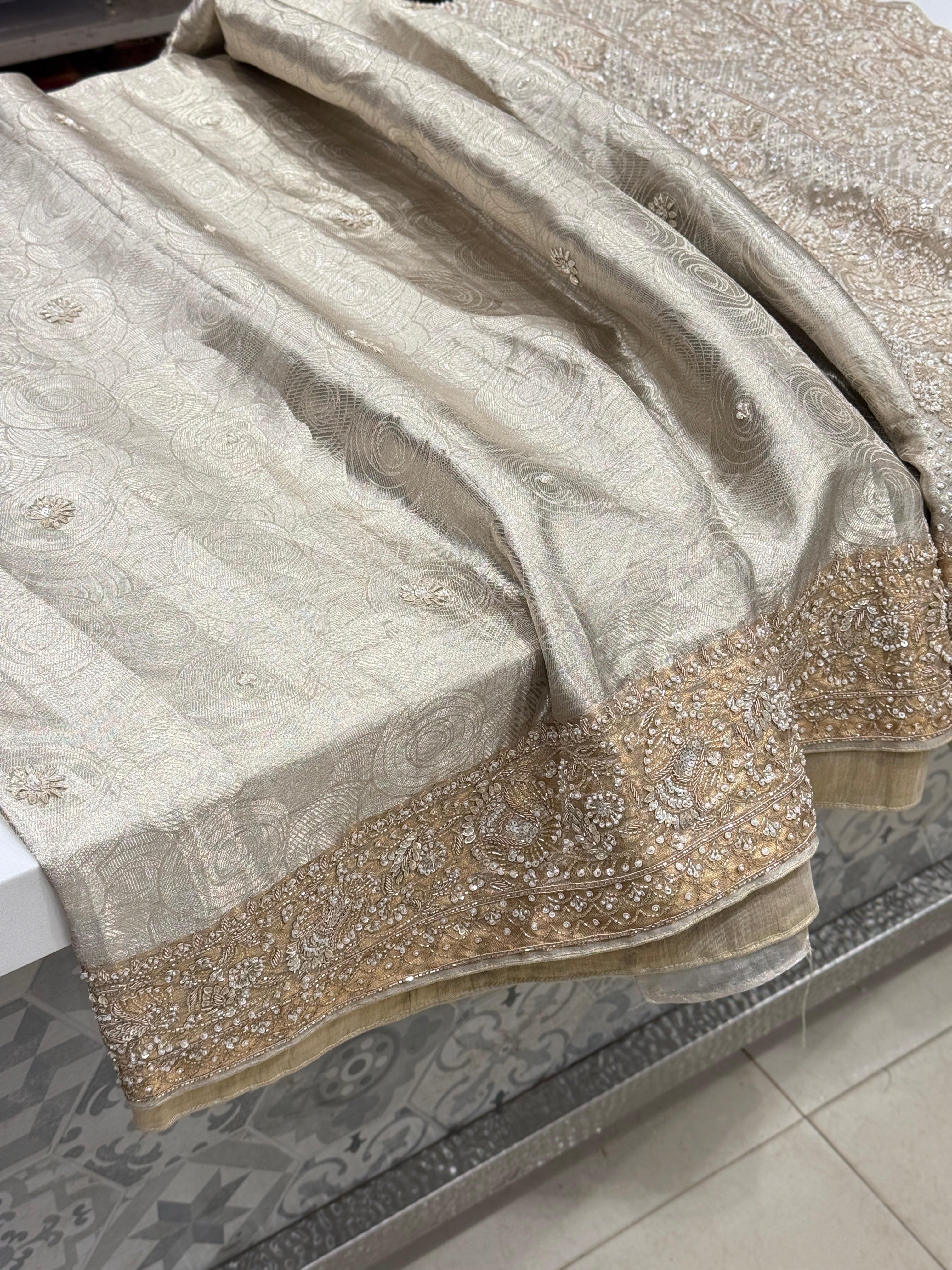 Silver Tissue Kanjivaram Zardosi Moti Hand Embroidery Saree