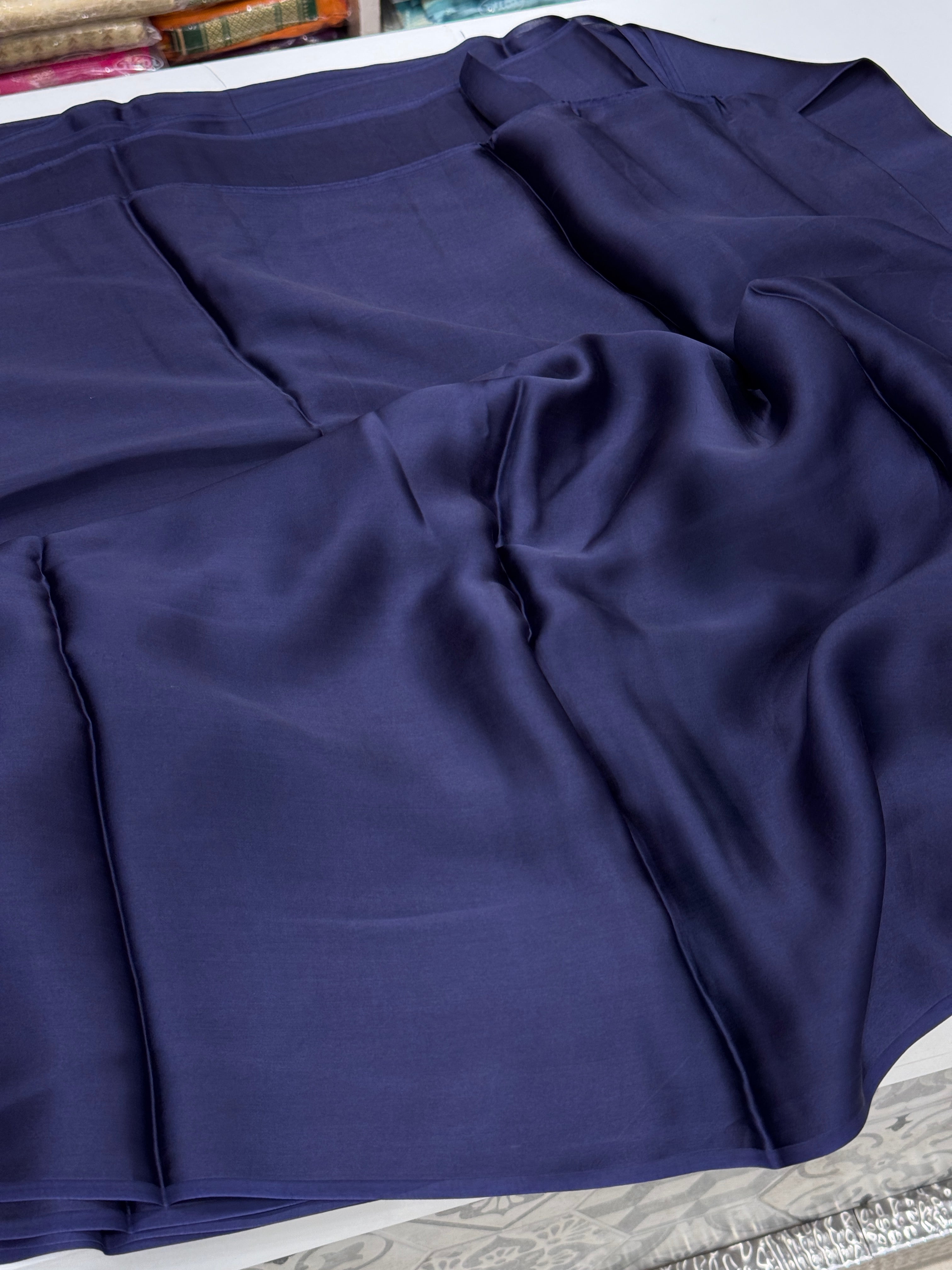 Navy Blue Plain Satin Silk Saree