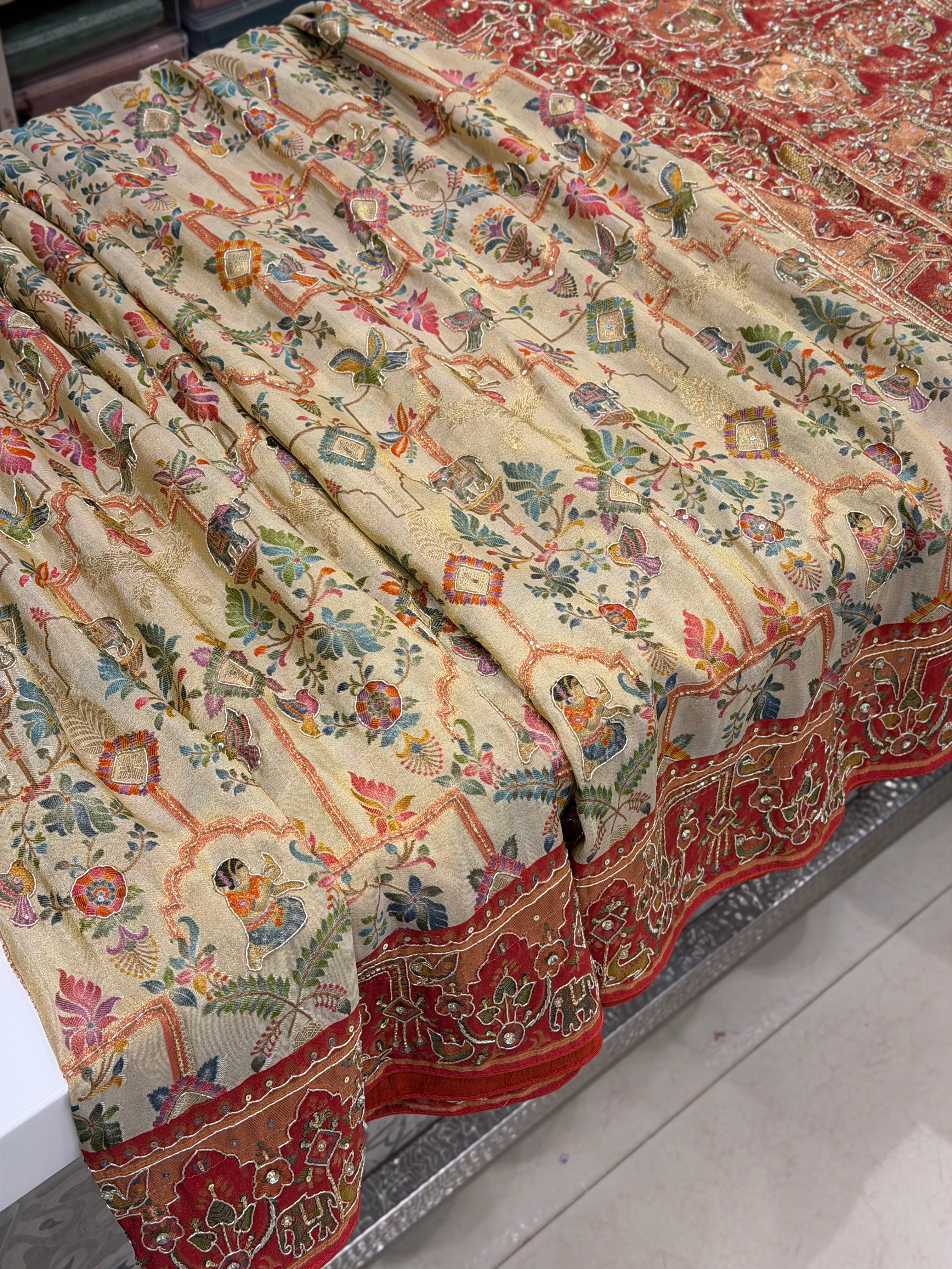 Beige Munga Tissue Weaved Pashmina Style Hand Embroidery Saree